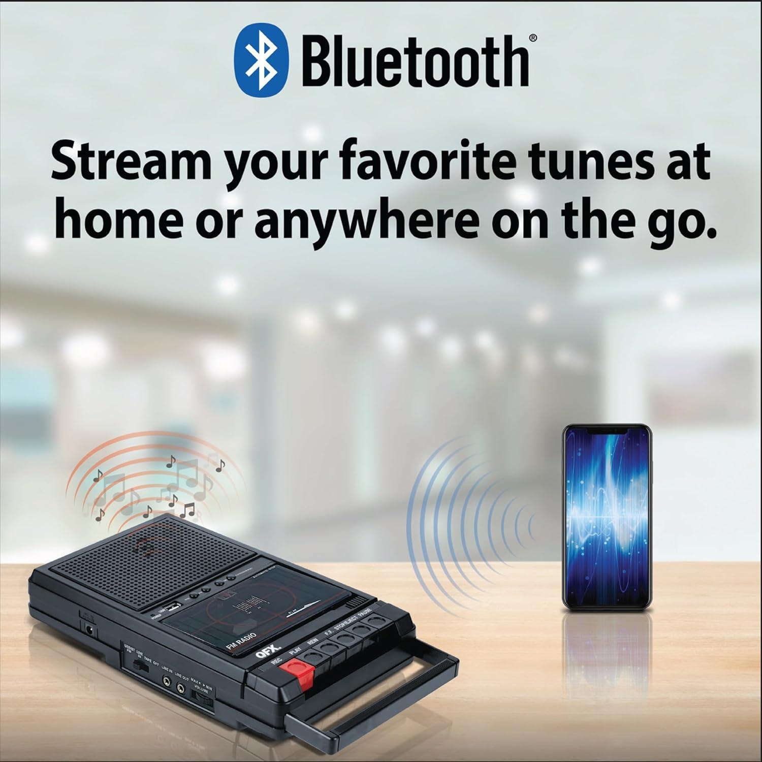 QFX Retro-39BT Shoebox-Style Cassette Player/Recorder with Bluetooth, FM Radio, USB input, Black