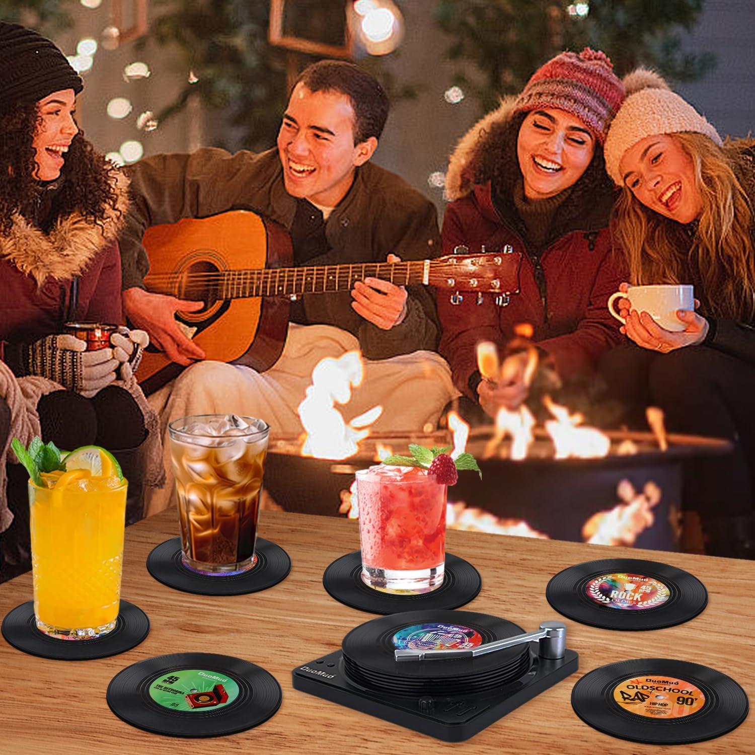 Funny Retro Record Coasters for Drinks with Vinyl Player Holder for Music Lovers,Set of 6 Conversation Piece Sayings Drink Coaster,Housewarming Hostess Wedding Registry Gift Ideas