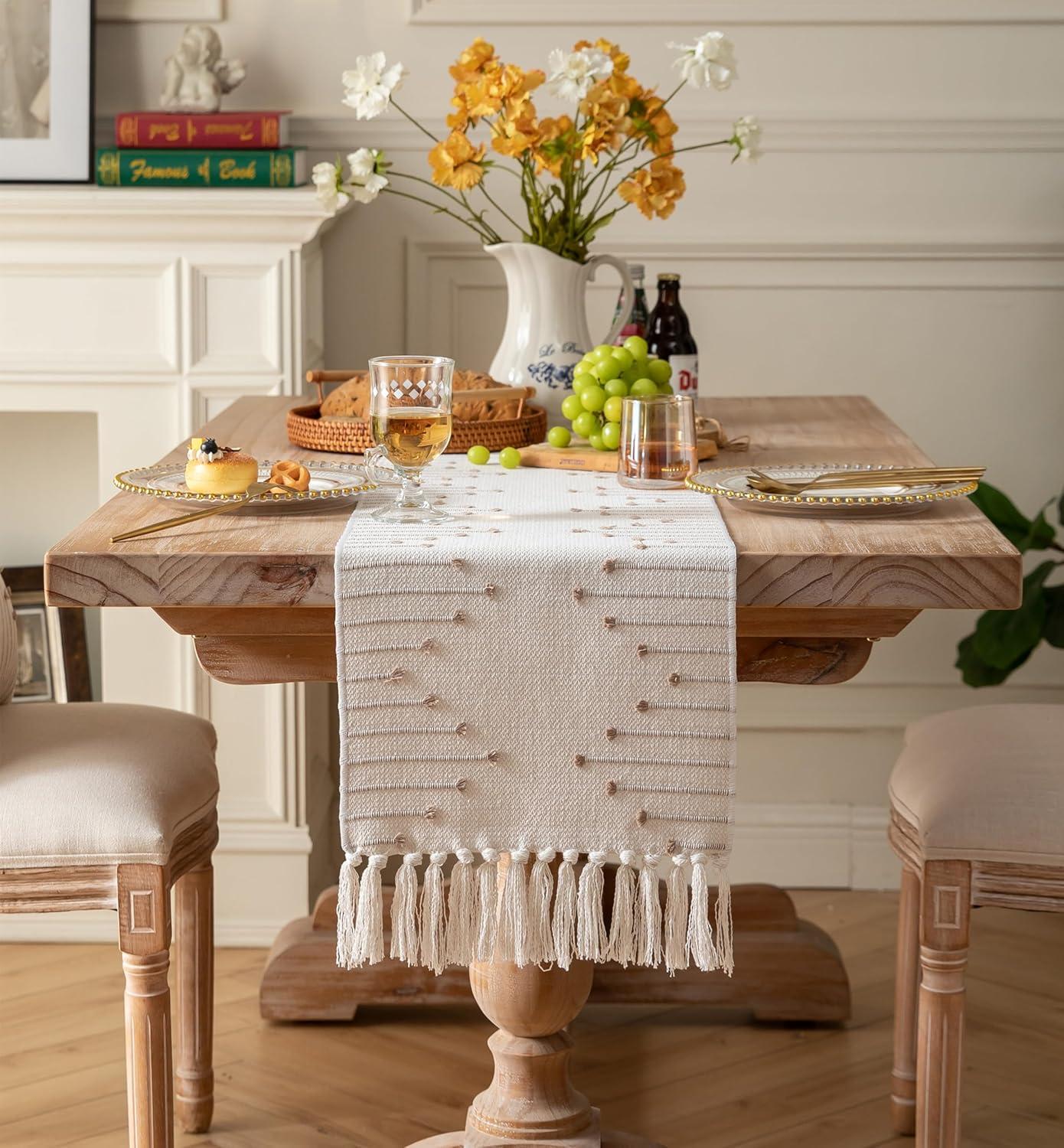 Foundry Select Boho Table Runner 13 X 108 Inch Long Natural Cotton Woven Runner With Tassels For Home Dining Table Décor, For Modern Farmhouse Decor Coffee Table Runner, Taupe And Beige