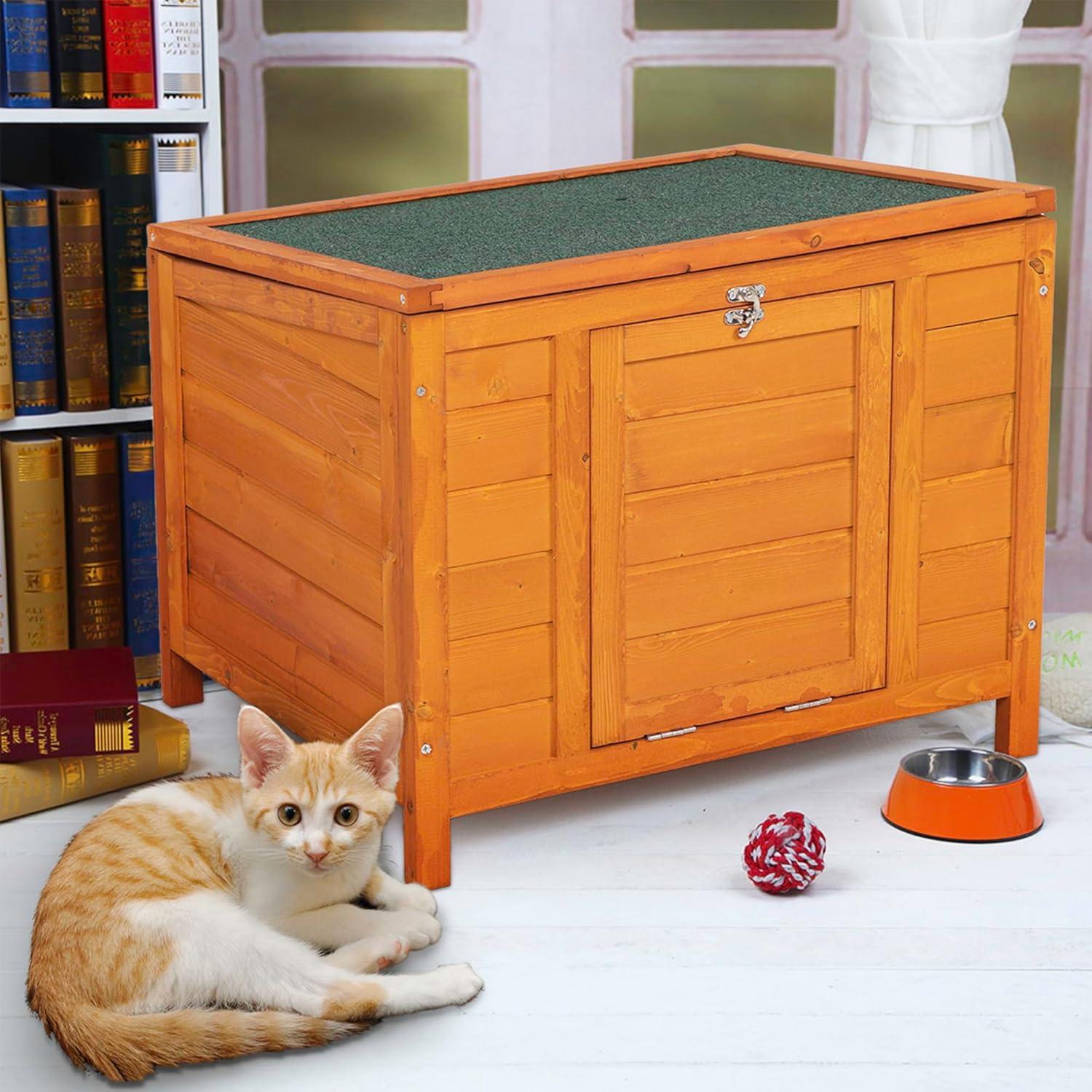 Small Wood Rabbit Hutch Bunny Cage, Raised Cat House with Ladder for Small Animals, Orange