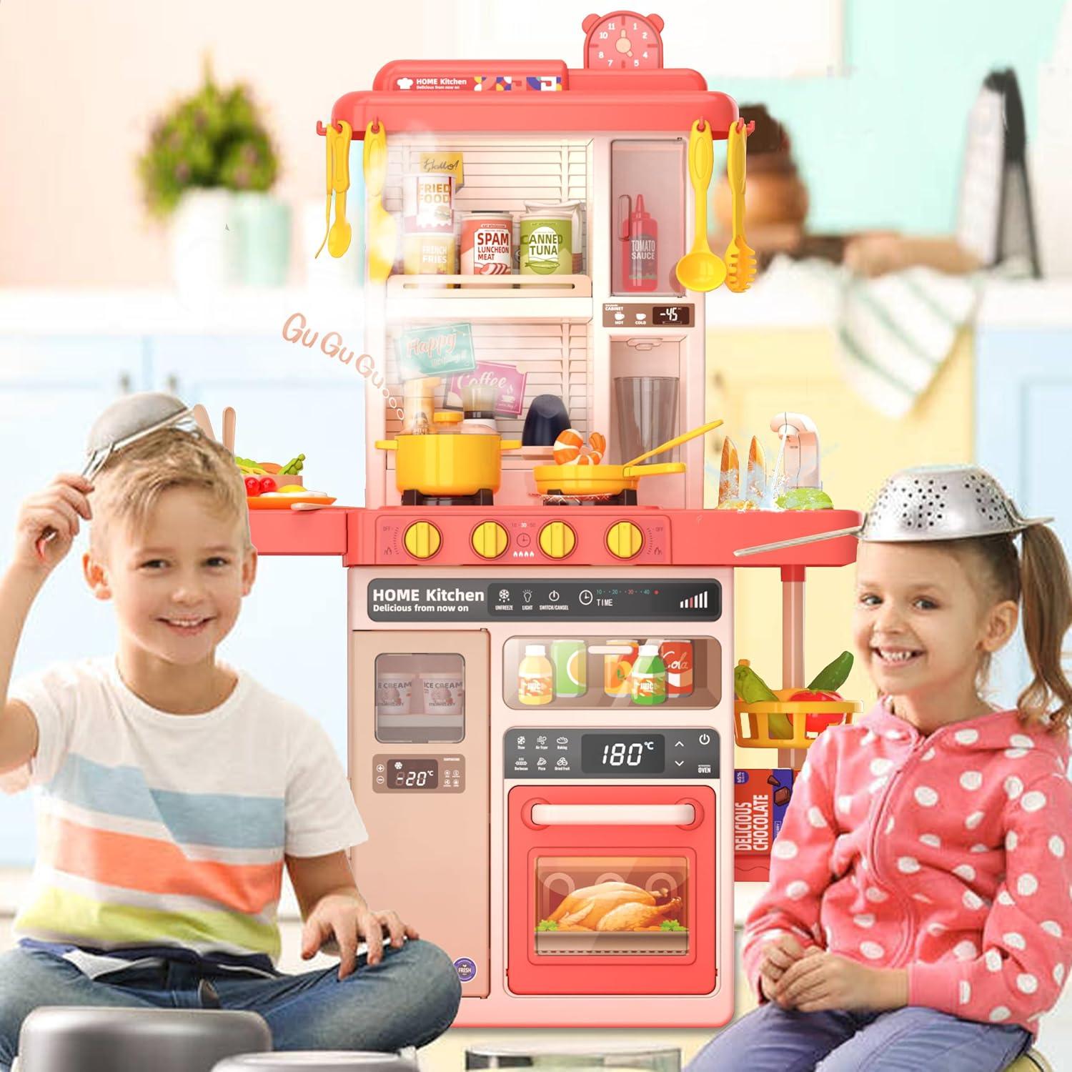 Koppop Kids Kitchen Playset 50pcs - with Sound, Light & Steam Effects, Pretend Play Toys Includes Food, Sink & Stove, Ideal for Boys & Girls Ages 3-6 (Red).