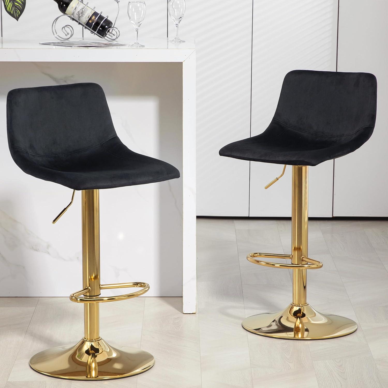 Velvet Bar Stools Set Of 2 Modern Counter Height Barstools With Low Back Ajustable Swivel Kitchen Bar Chairs With Gold Footrest For Home Bar/Dining Room, Green