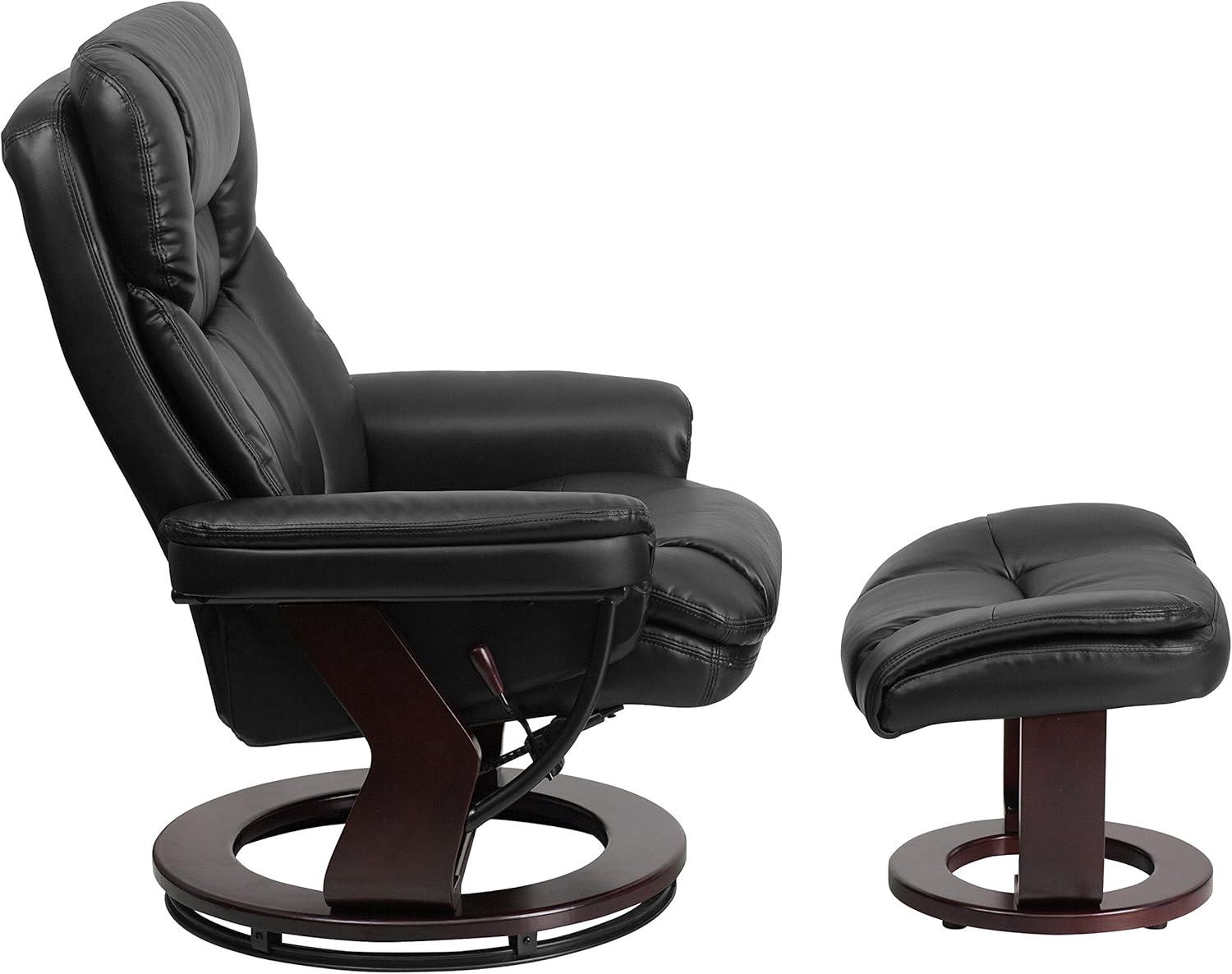 Flash Furniture Contemporary Multi-Position Recliner and Curved Ottoman with Swivel Mahogany Wood Base in Black LeatherSoft