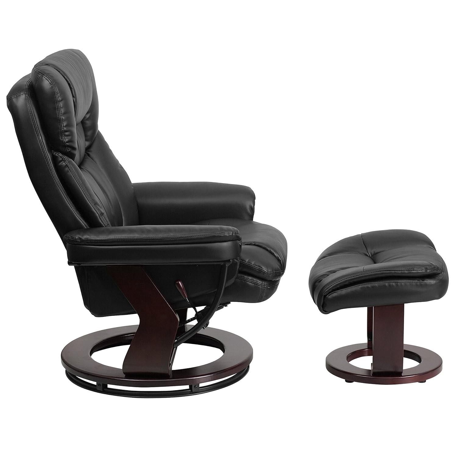 Flash Furniture Contemporary Multi-Position Recliner and Curved Ottoman with Swivel Mahogany Wood Base in Black LeatherSoft