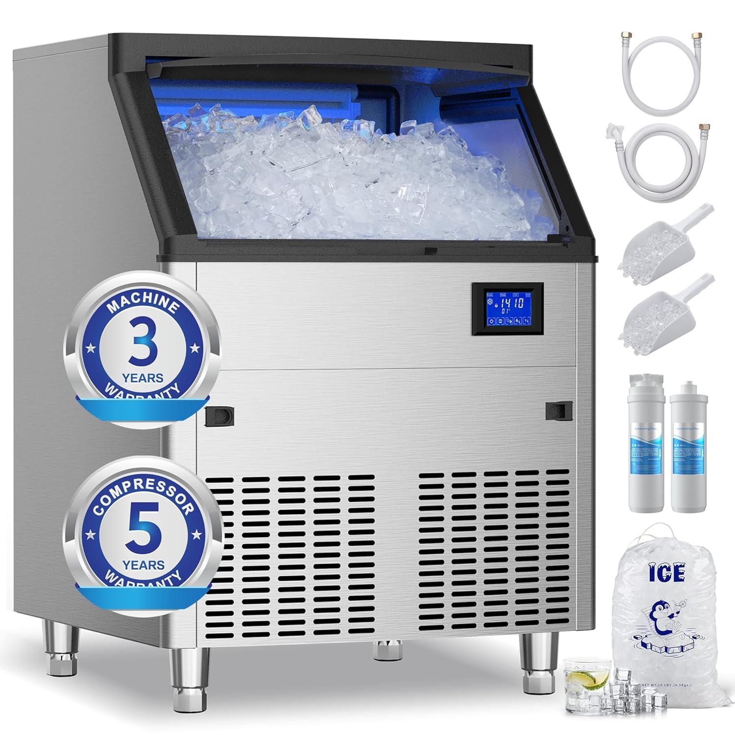 Coolake Commercial Ice Maker Machine 450lbs/24h With 130lbs Storage, Stainless Steel Under Counter Ice Maker, Descaling Water Filter, Ice Ready In 5-15 Min For Home Bar, Doe Etl Approval