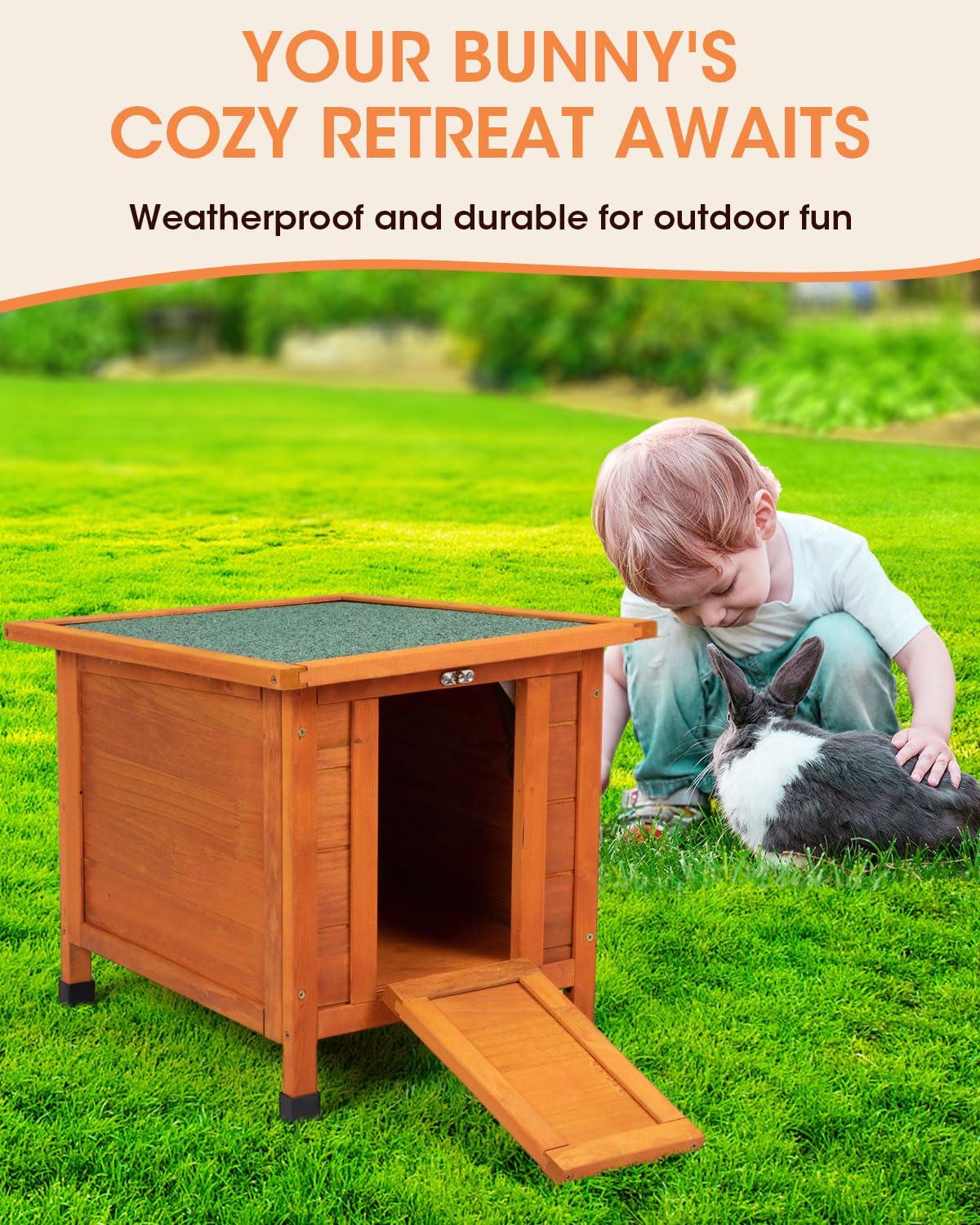 Small Wood Rabbit Hutch Bunny Cage, Raised Cat House with Ladder for Small Animals, Orange