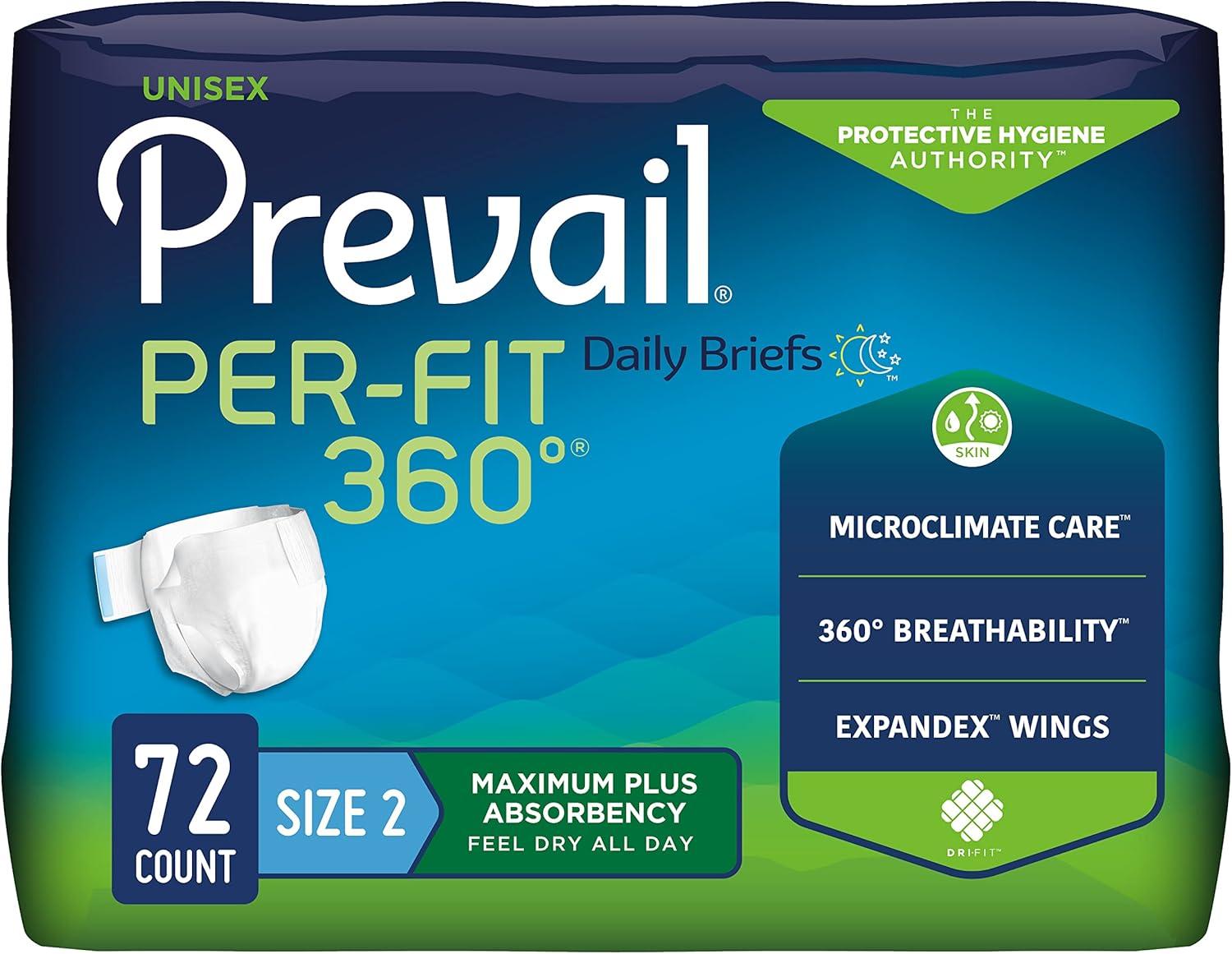 Prevail Per-Fit Unisex Daily Briefs, Maximum Plus Absorbency, Refastenable Tabs, Large, 72ct