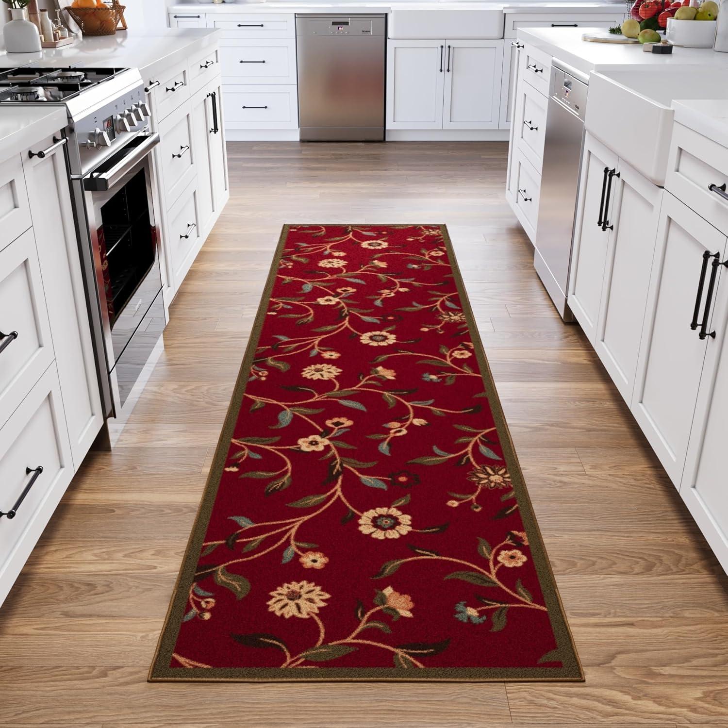 Ottohome Non-Slip Floral Leaves Area Rug For Living Room, Hallway, Entryway Rug, Dark Red