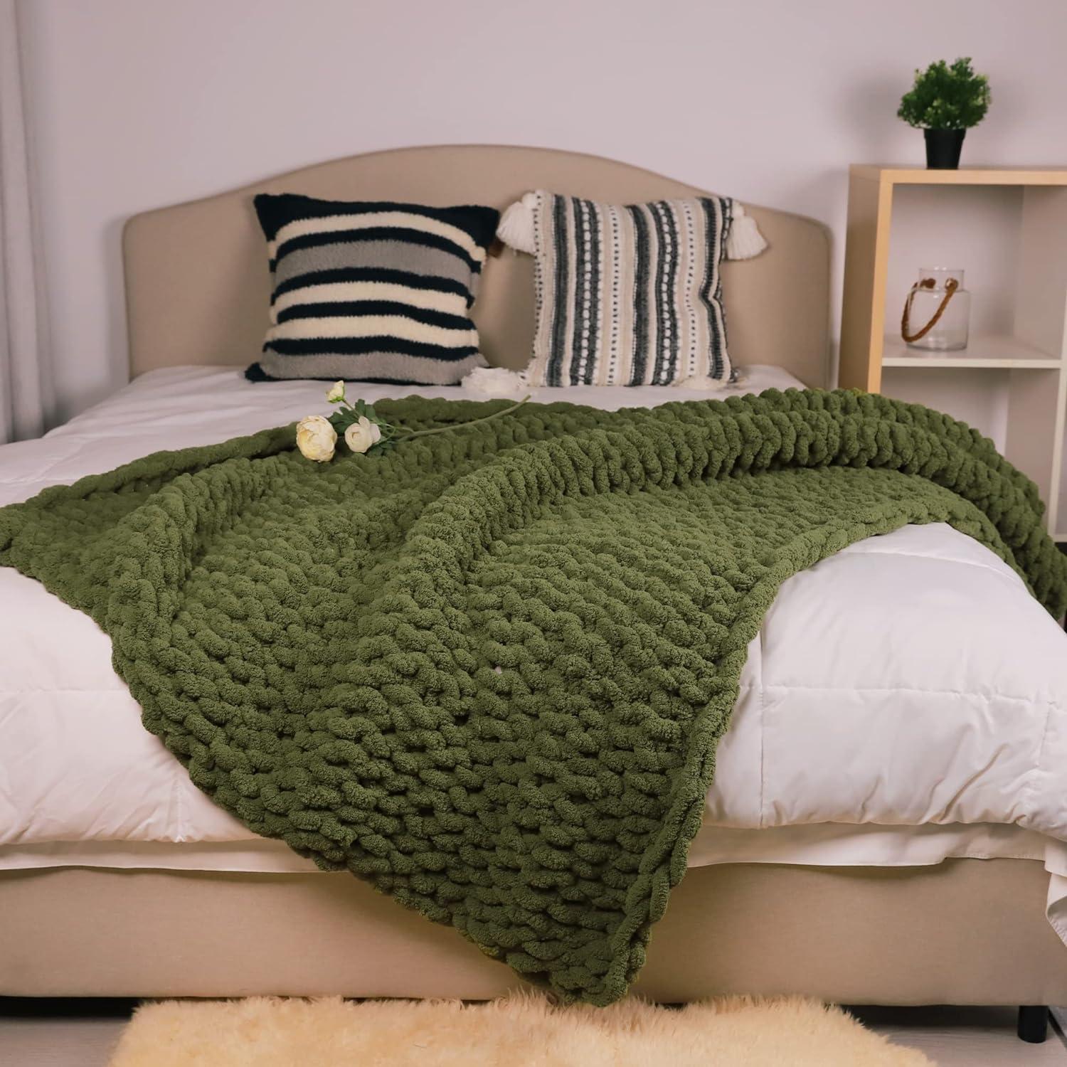 Olive Green Chunky Knit Chenille Throw Blanket, 50" x 60"