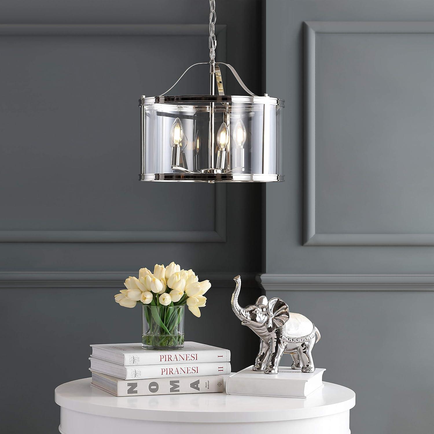 Shiny Nickel and Glass Drum Shade Chandelier