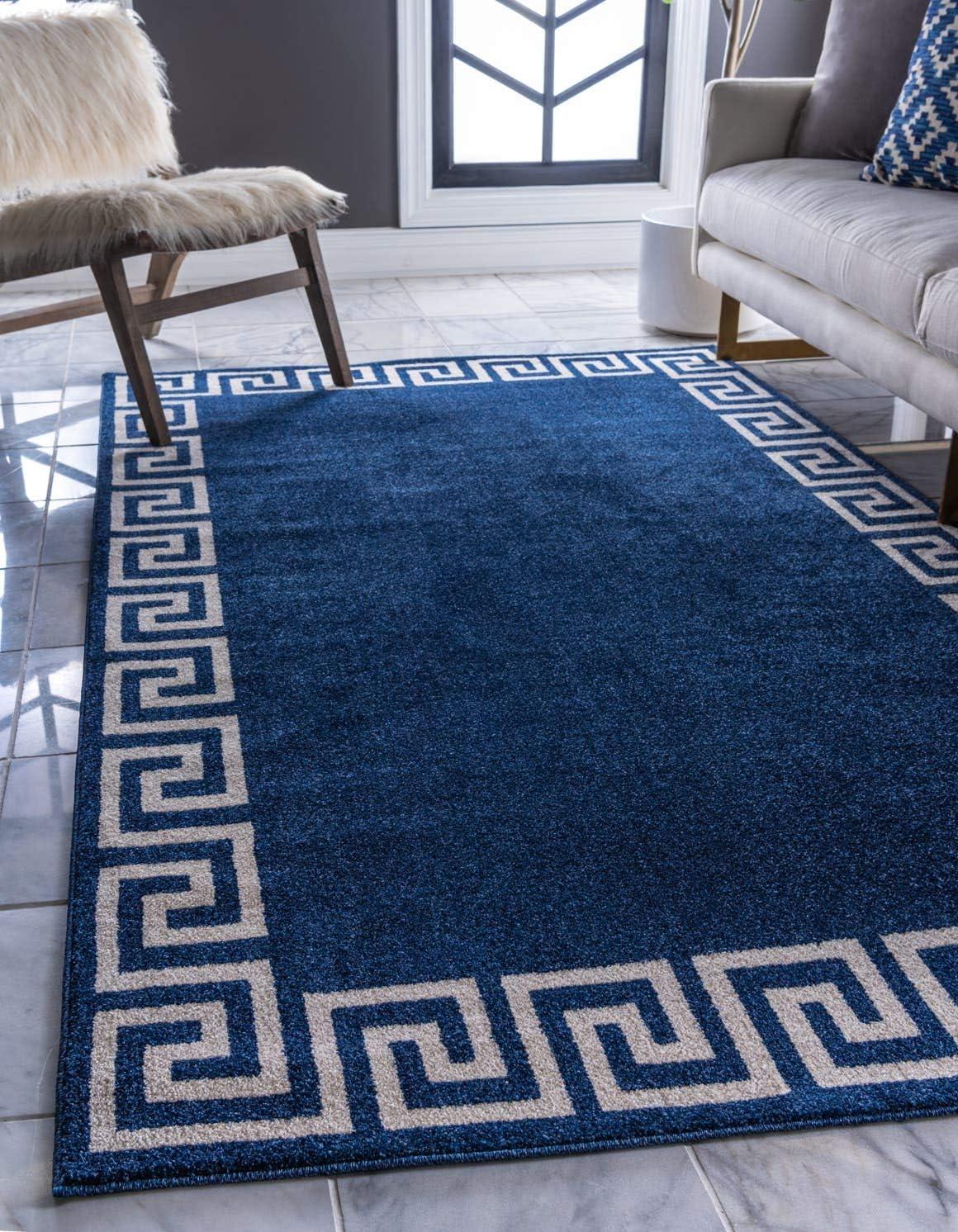 Navy and Beige Geometric Border 5' x 7' Synthetic Area Rug