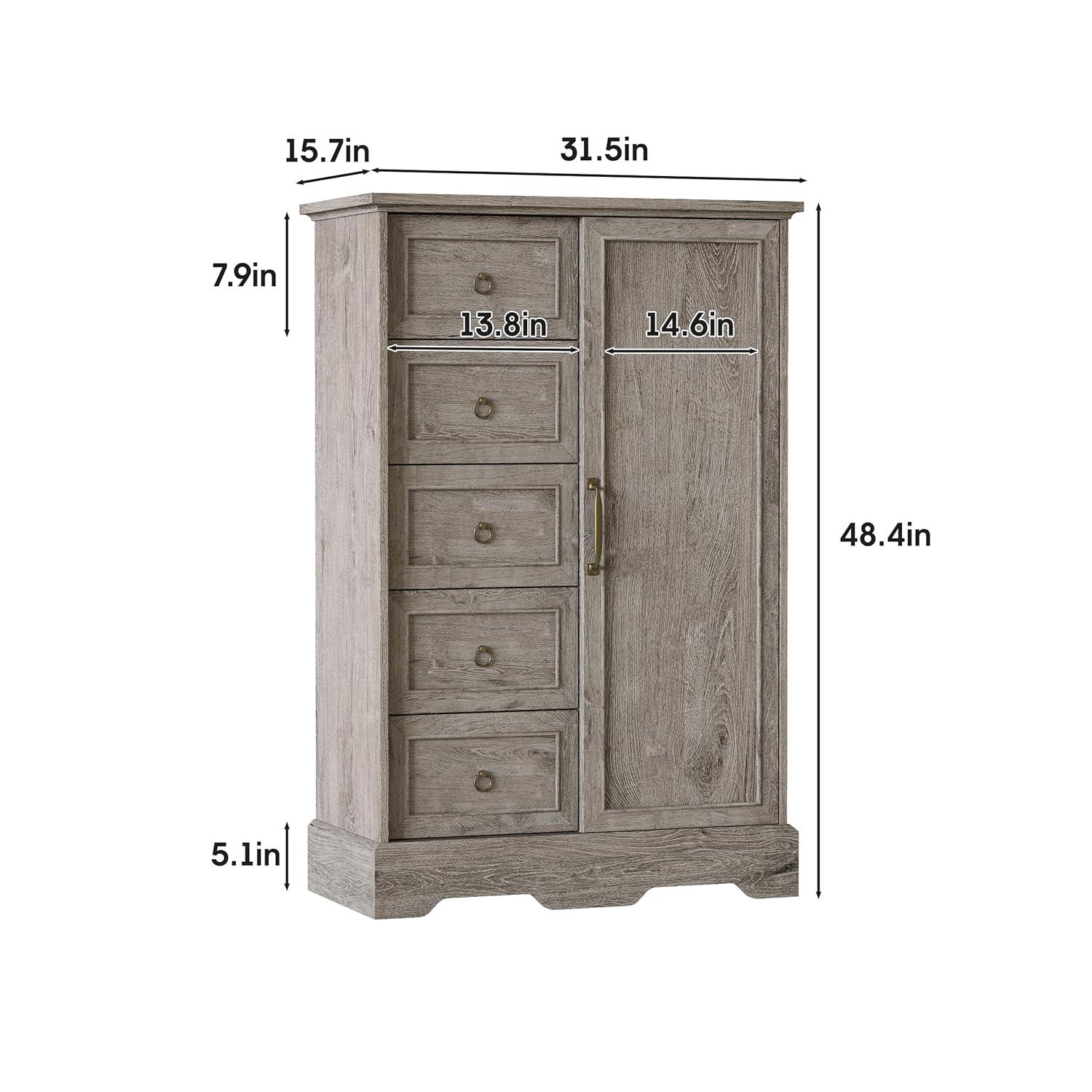 Gracie Oaks 5 Drawers Dresser With Cabinet, 48" Tall Chest, Wooden Closet Dresser With Sliding Barn Door For Living Room, Hallway
