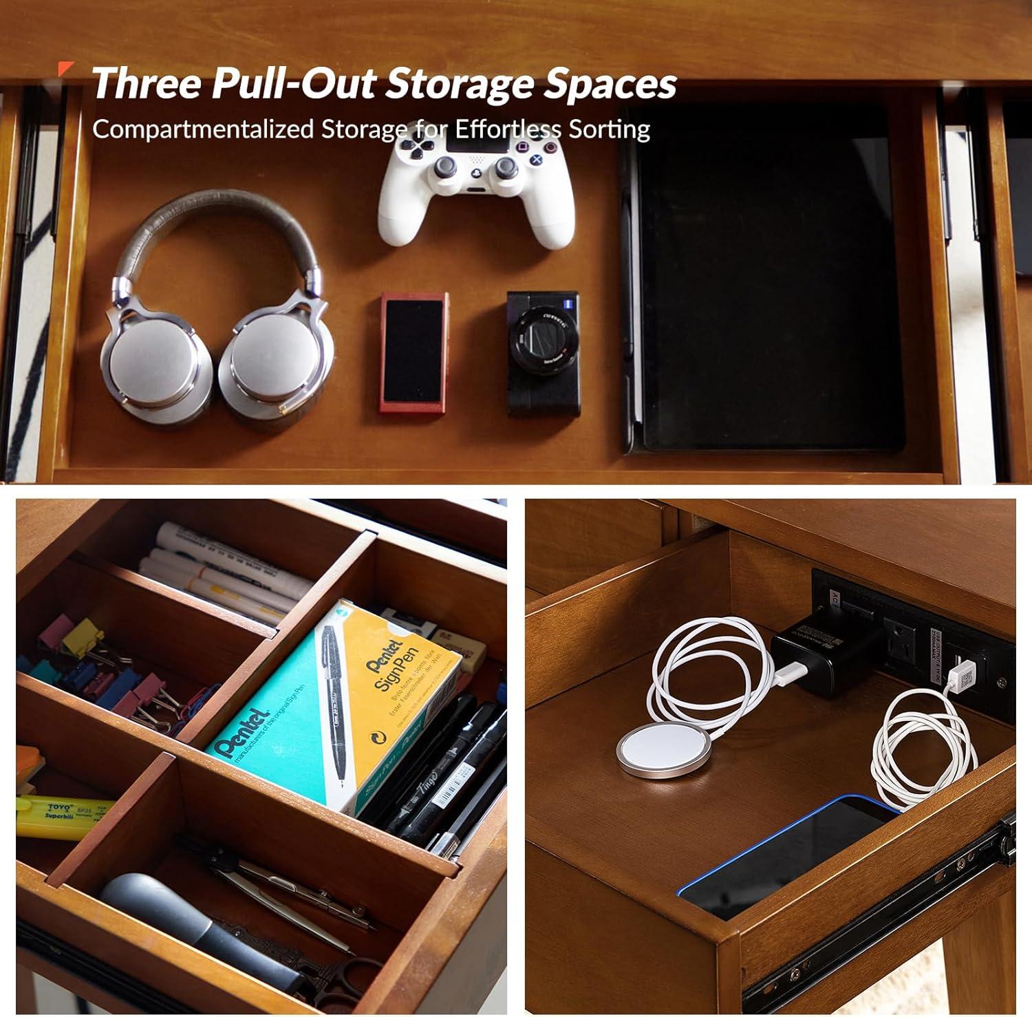 Walnut Mid-Century Modern Desk with Acorn Rubber Wood Legs and Power Outlet