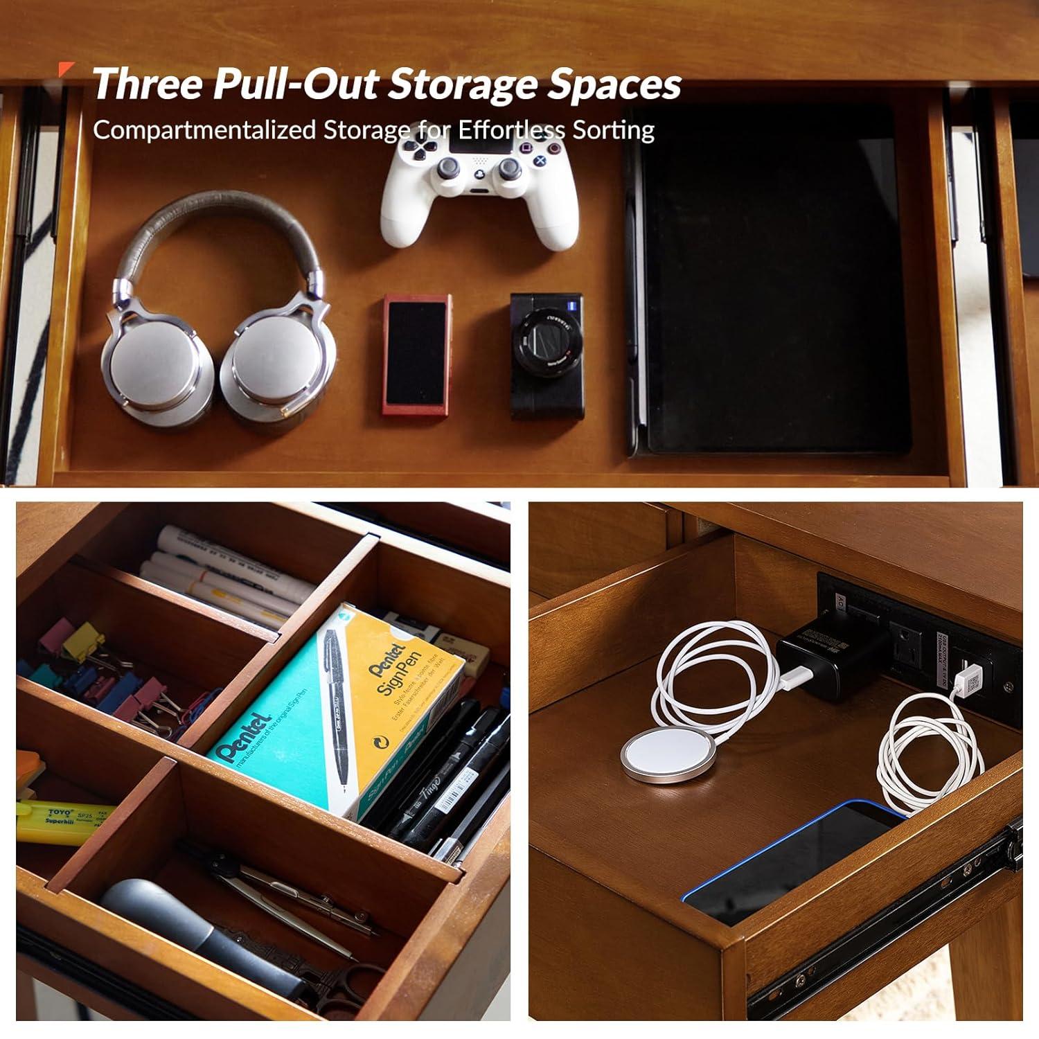 Walnut Mid-Century Modern Desk with Acorn Rubber Wood Legs and Power Outlet