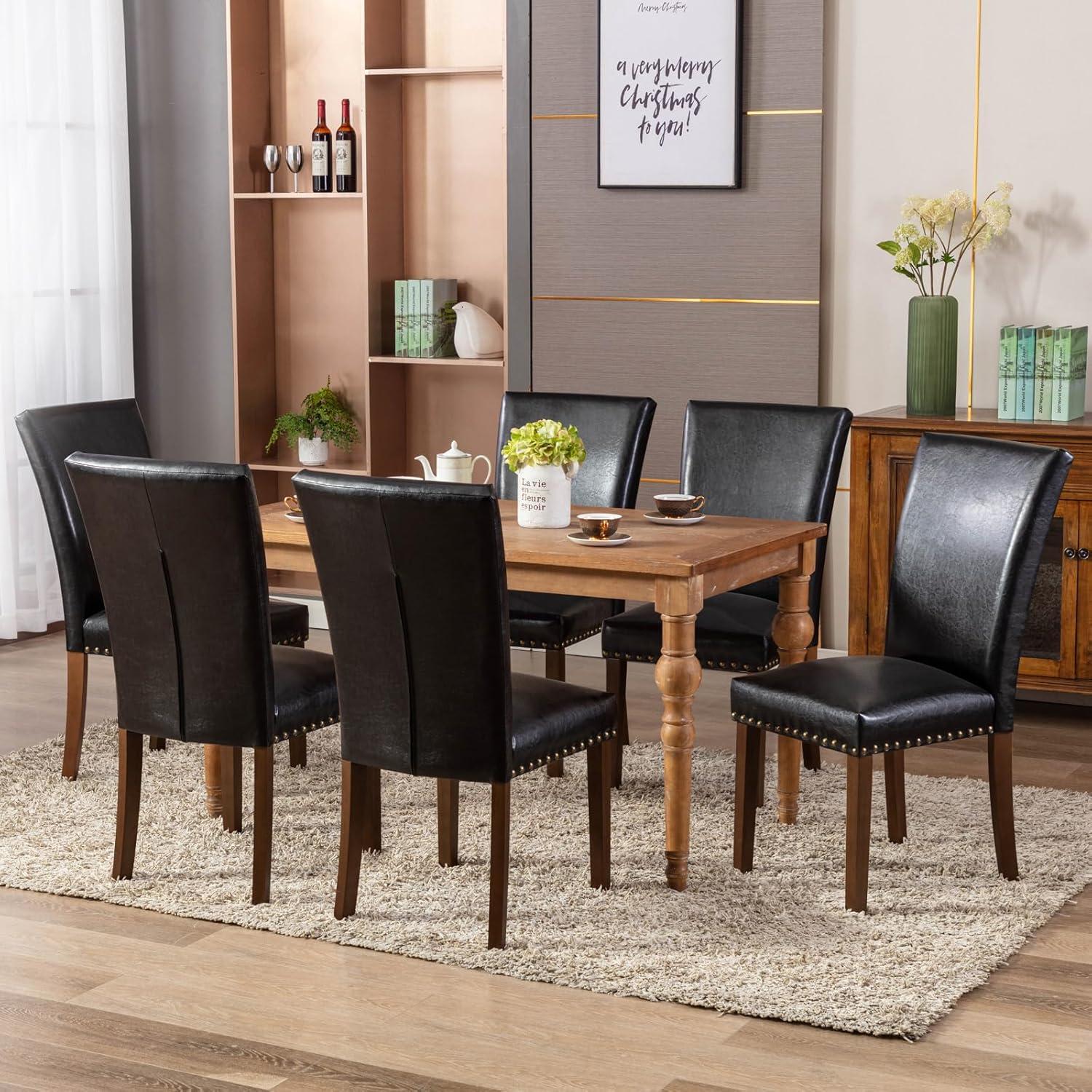 Colamy Black Upholstered Wood Legs Parsons Leather Dining Chairs with Nail head Trim Set of 2 for Dining Room