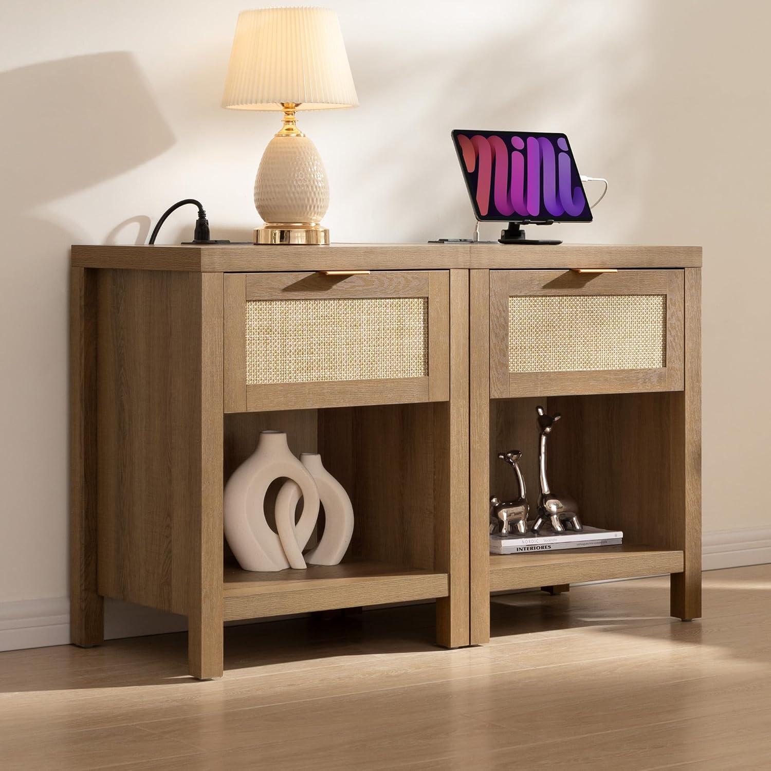 SICOTAS Rattan Nightstands Set of 2 - Farmhouse Night Stand with Drawer and Storage Shelf - Boho Bedside Table End Side Table for Bedroom, Oak