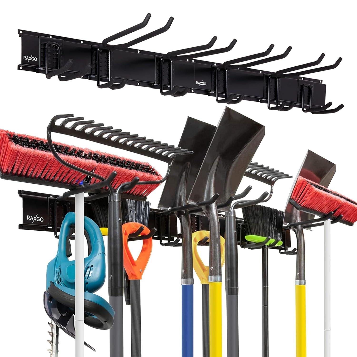 RaxGo Tool Storage Rack, 8 Piece Wall Mounted Garage Organizer for Broom, Mop, Rake Shovel & Tools