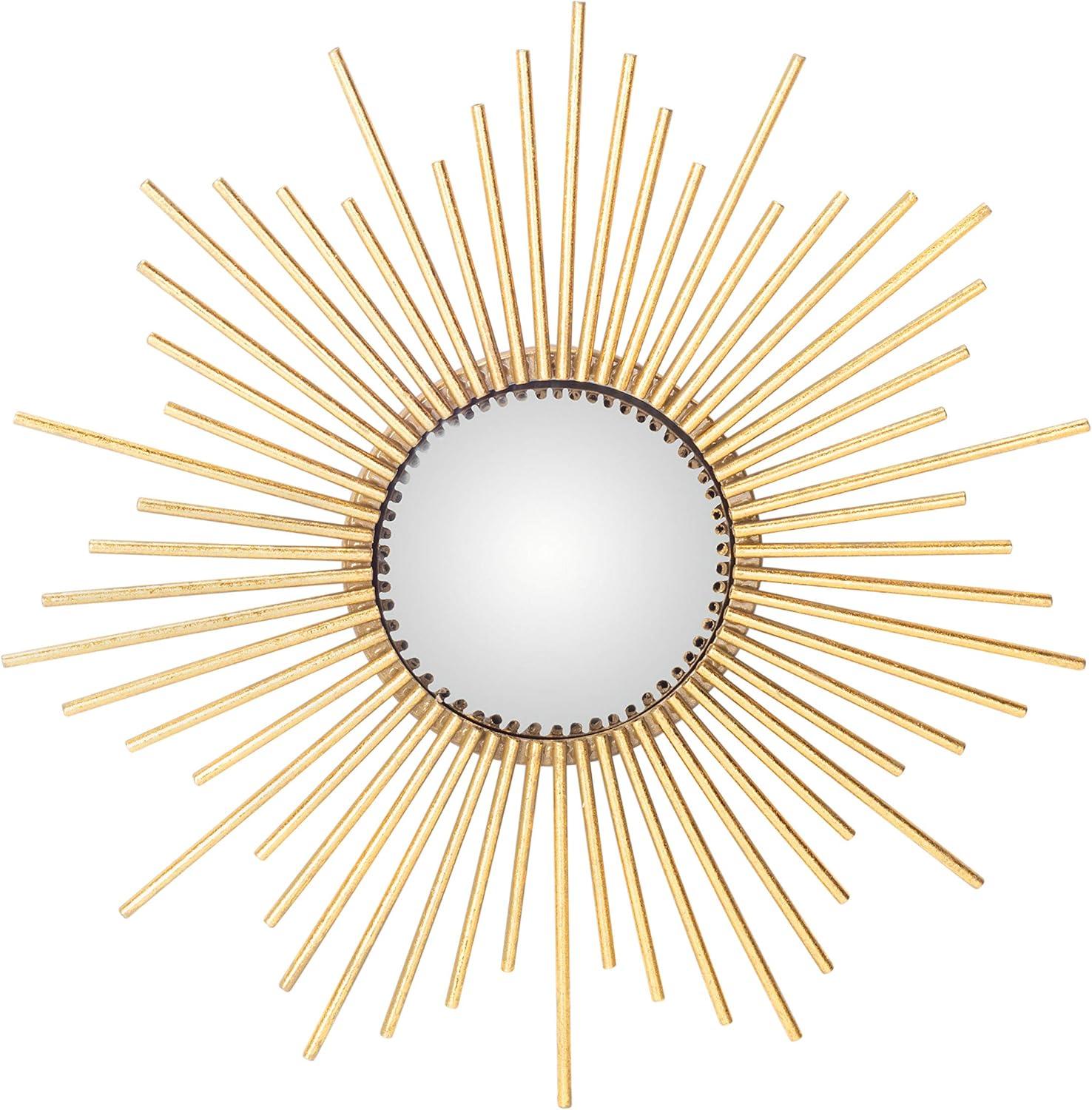 Contemporary Sunburst Round Wood Mirror in Gold Finish, 24"