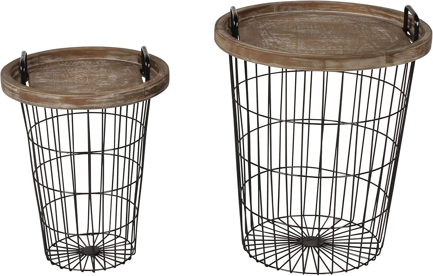 Rustic Brown and Black Round Wood & Metal Nesting End Tables, 2-Piece Set