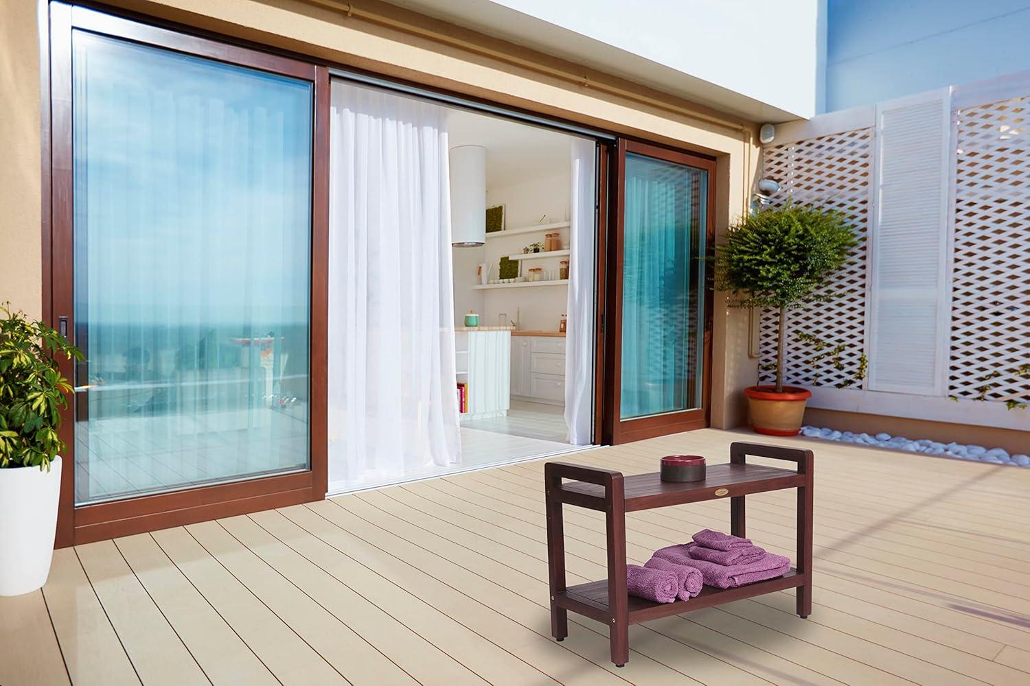 DecoTeak Eleganto 29 Inch Brown LiftAide Arms Waterproof Teak Wood Shower Bench Stool Seat Chair for Inside Shower Storage Shelf Provides Safety, Storage, and Organization for Bathroom Accessories