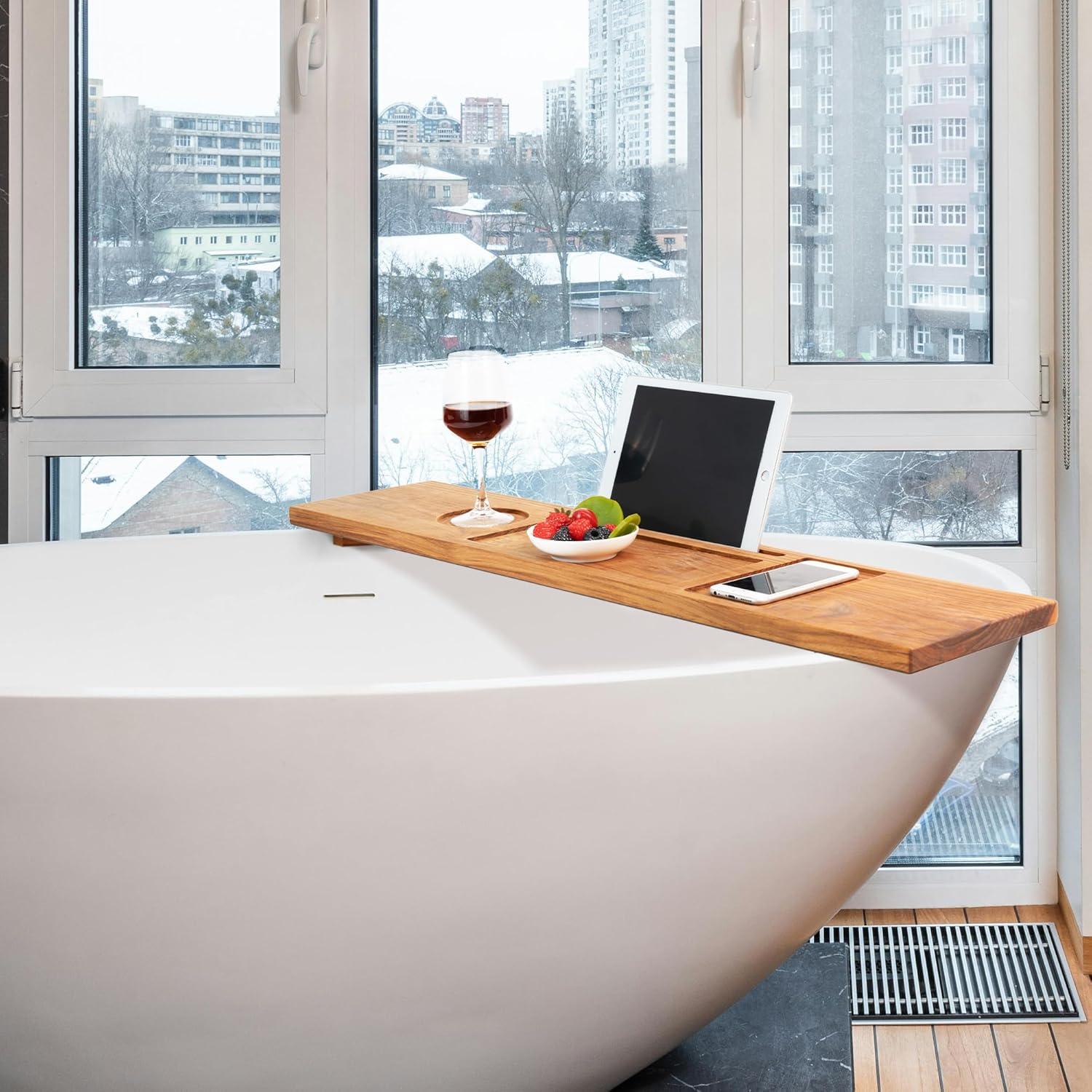 Rebrilliant Teak Bathtub Tray Table, Wooden Bath Board For Tub With Wine And Ipad Holder
