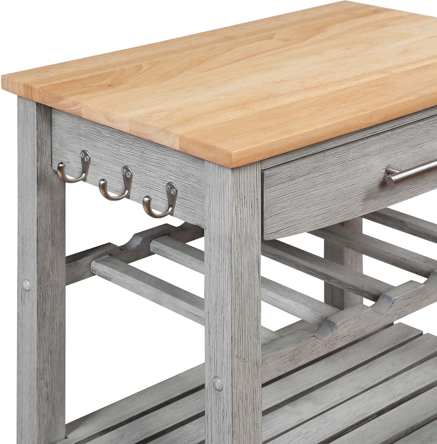 Ellaine Light Gray Solid Wood Butcher Block Kitchen Cart with Wine Rack