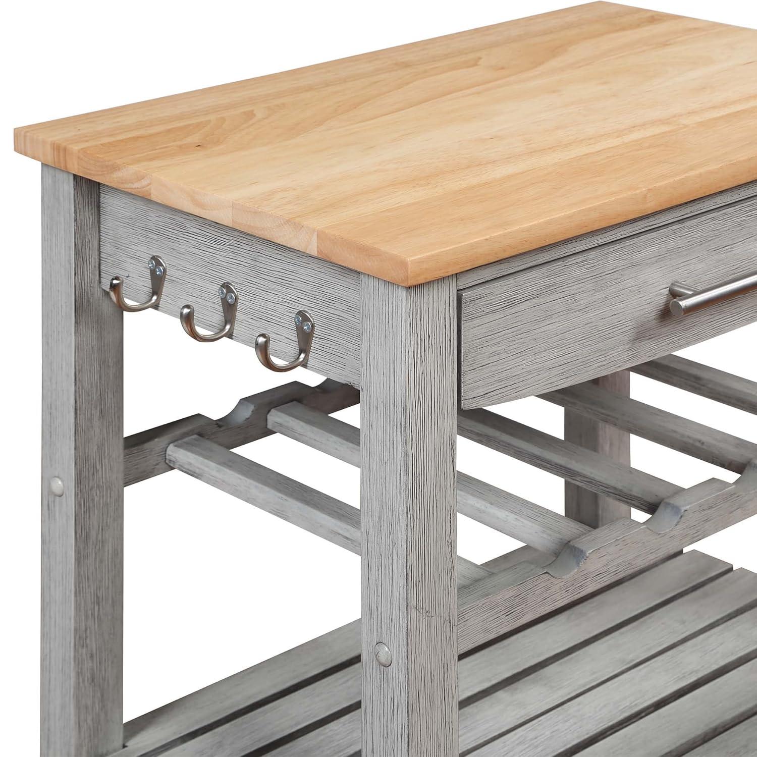 Ellaine Light Gray Solid Wood Butcher Block Kitchen Cart with Wine Rack