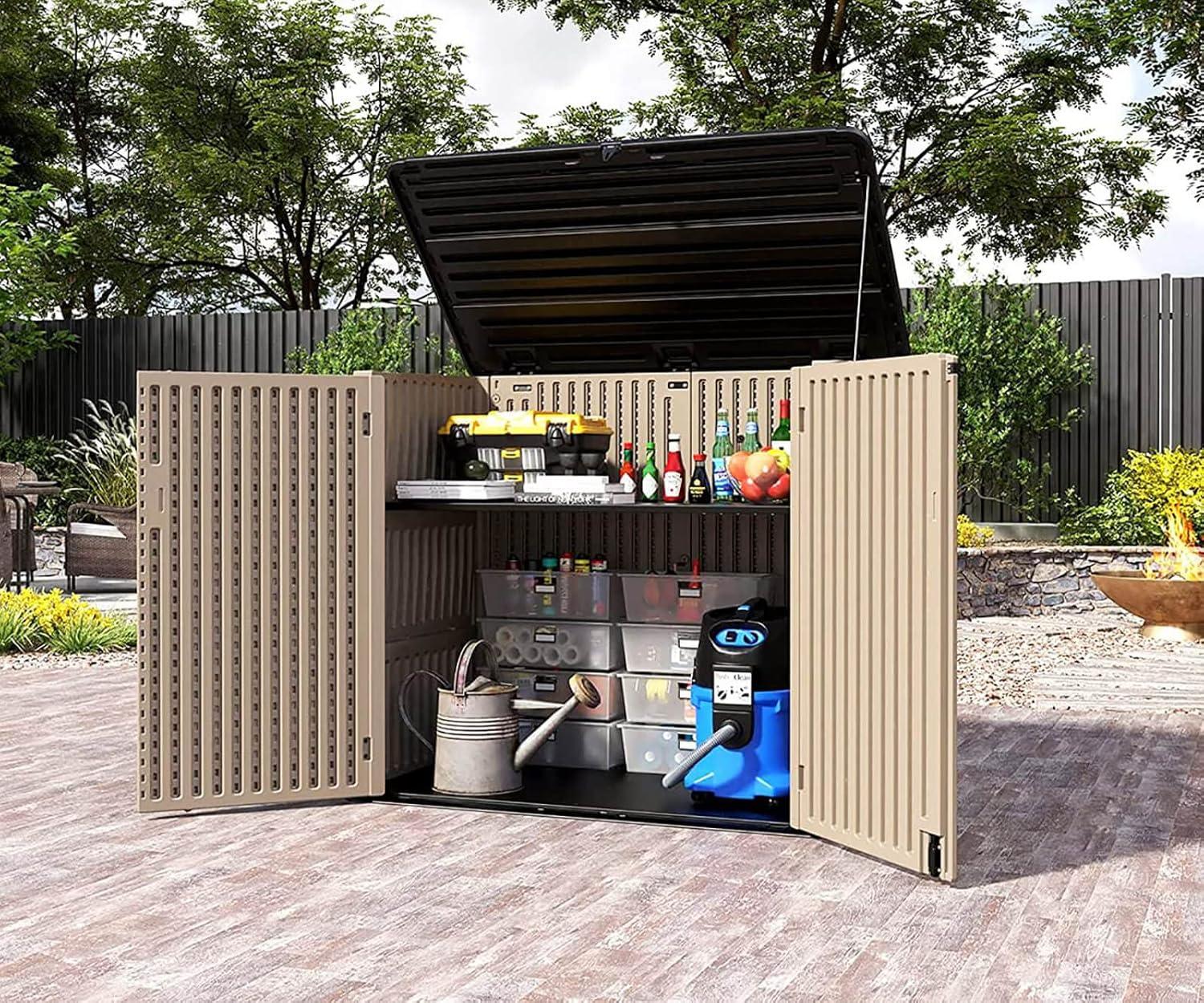 Large Brown Resin Outdoor Storage Shed with Shelving
