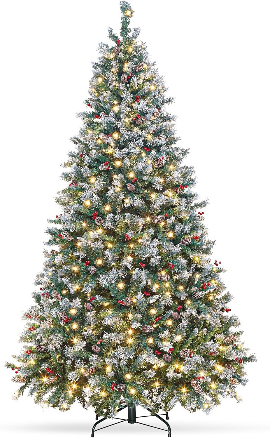 6FT Pre-Lit Flocked Artificial Christmas Tree with Pine Cones and Berries