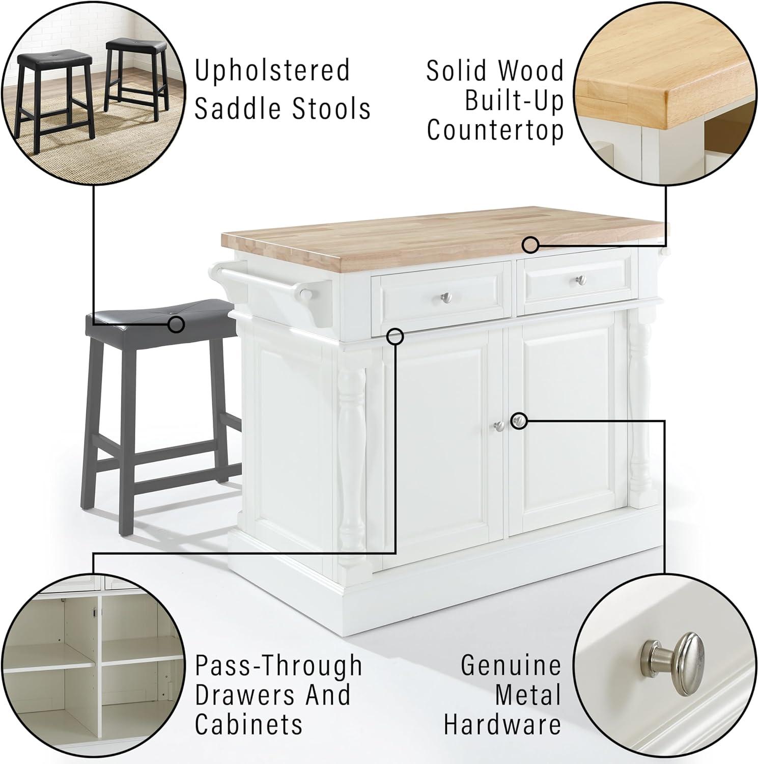 Oxford Kitchen Island with 2 Upholstered Saddle Stools Black - Crosley: Pass-Through Storage, Towel Bars, Wood Veneer
