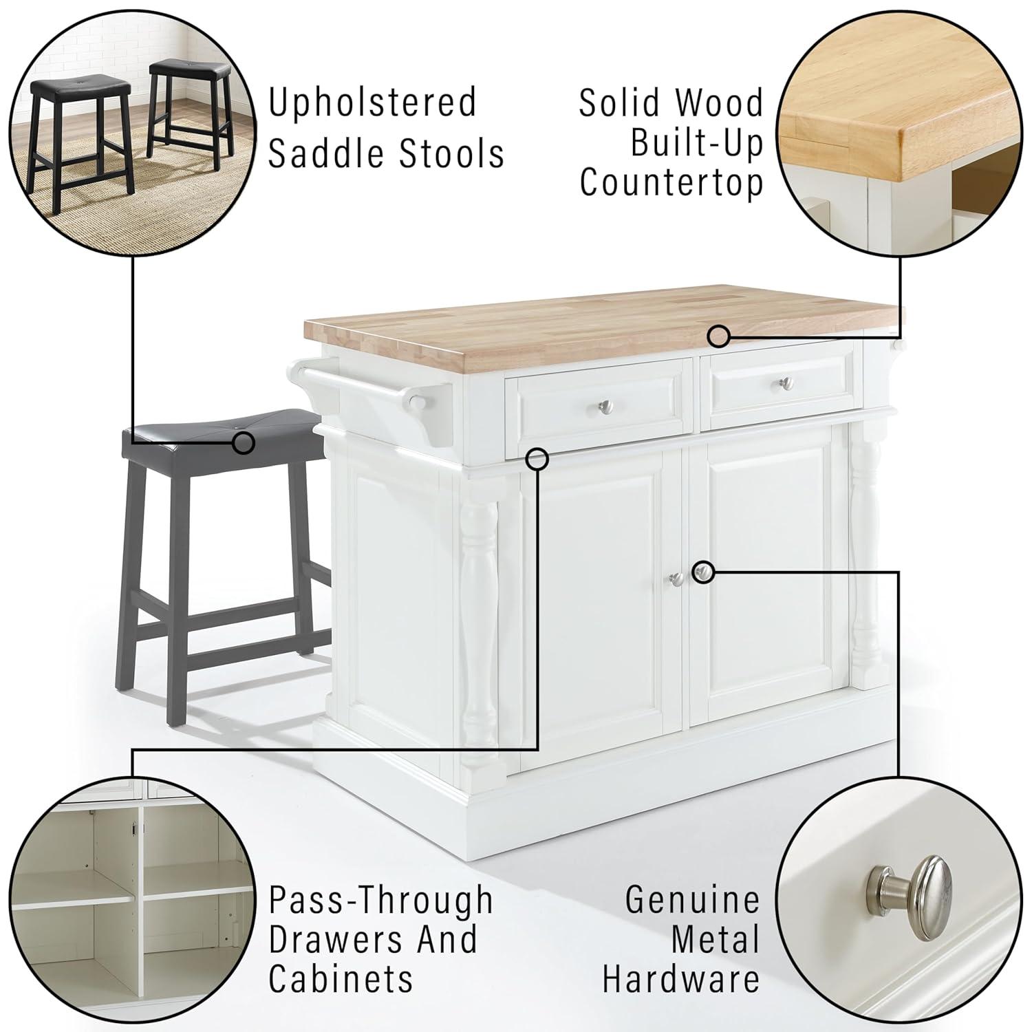 Oxford Kitchen Island with 2 Upholstered Saddle Stools Black - Crosley: Pass-Through Storage, Towel Bars, Wood Veneer