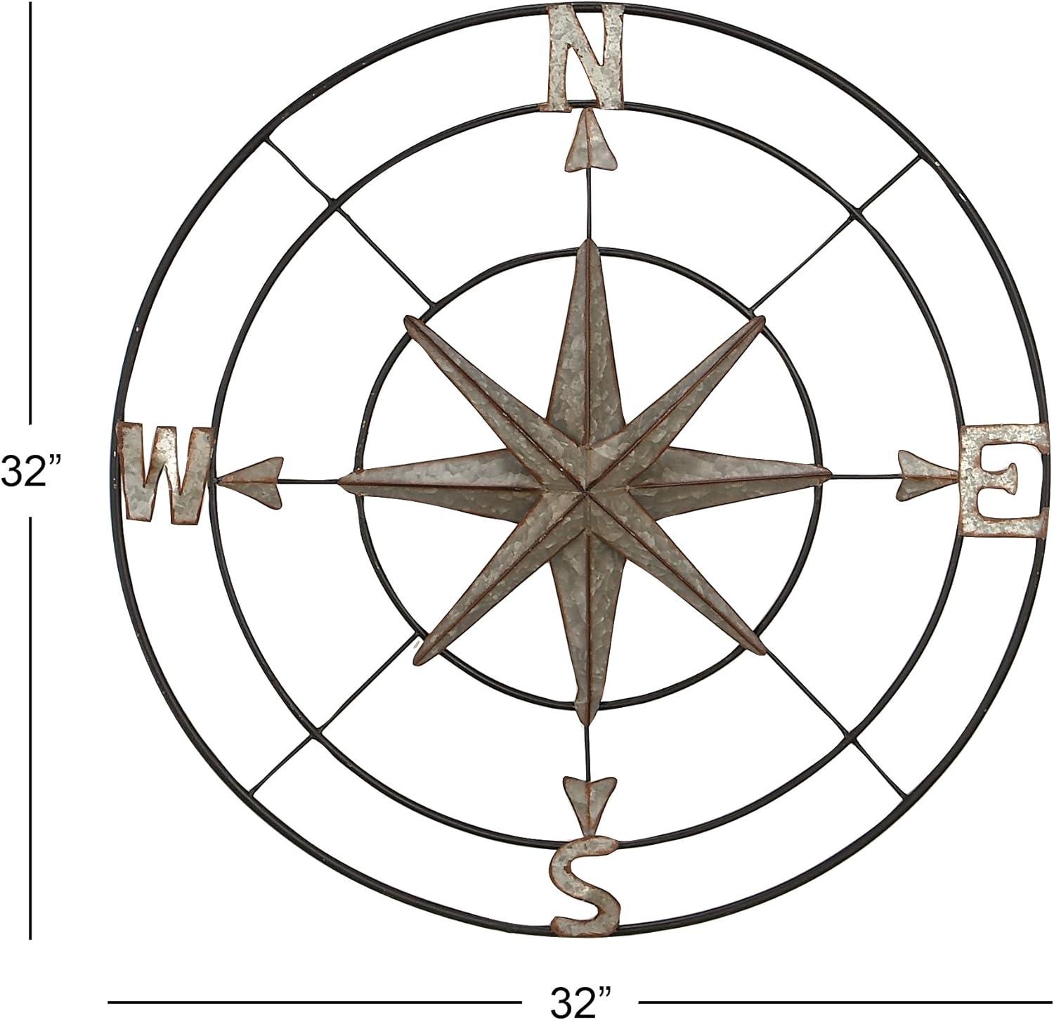 DecMode Farmhouse Metal Compass Shaped with 3D 8 Point Star Wall Décor, 32"D with Metallic Silver Galvanized Finish