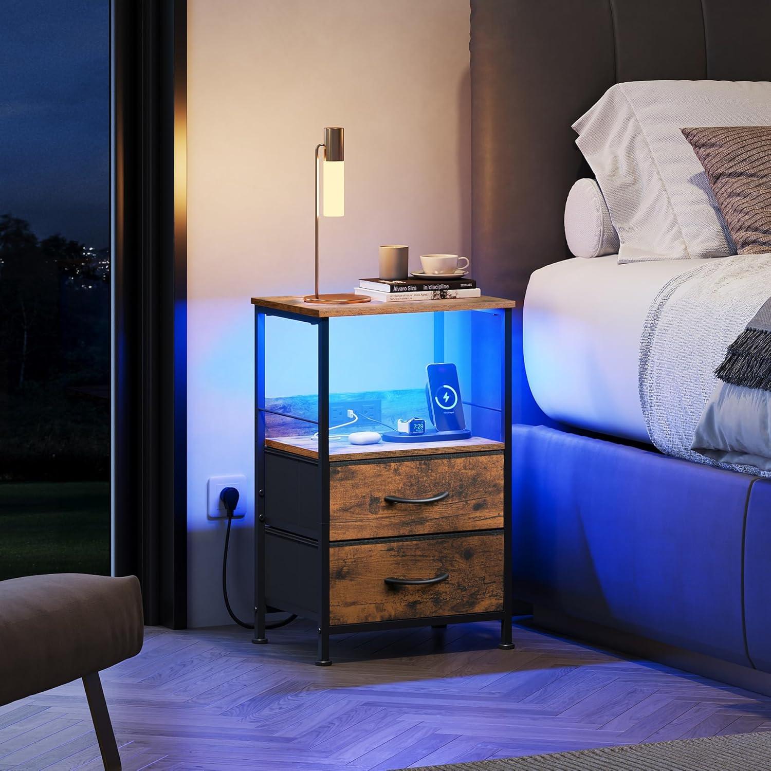 WLIVE Night Stand Set of 2 with Charging Station, LED Nightstand Sets with 2 Fabric Drawers and Storage Shelf, Small Bedside Tables for Small Spaces, Dresser for Bedroom, Rustic Brown