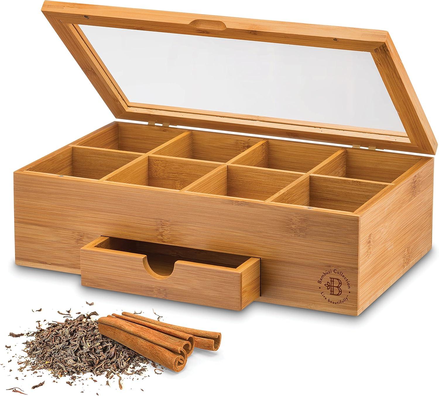 Bamboo Tea Bag Organizer - Tea Organizer: Wooden Tea Box with 8 Compartments, Acrylic Window, and Magnetic Lid, Keeps Tea Bags Fresh - Great Gift Idea