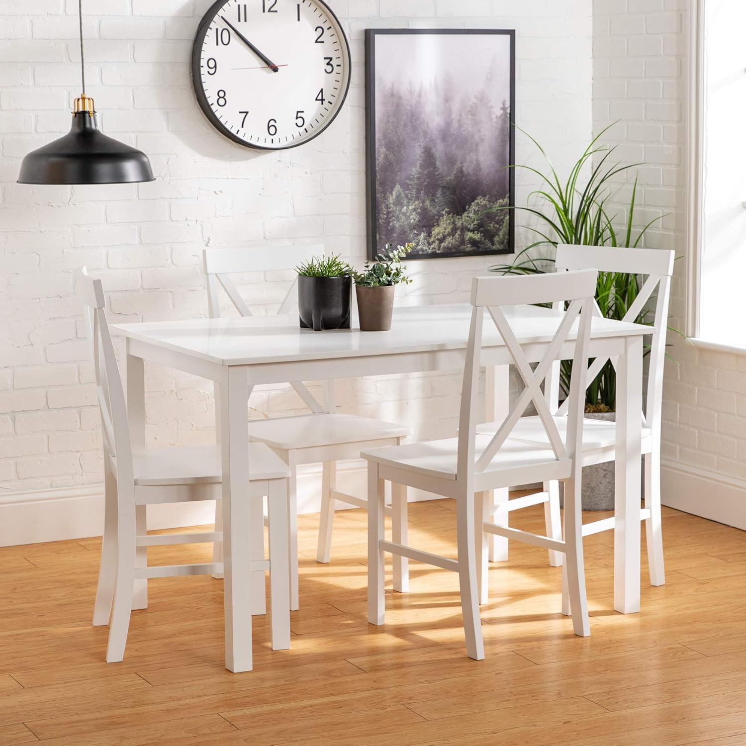 Farmhouse White 5-Piece Solid Rubberwood Dining Set with X-Back Chairs