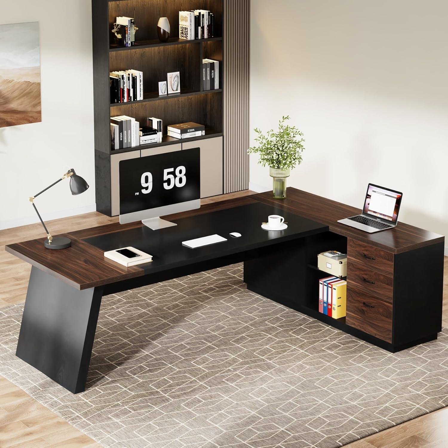 Tribesigns Modern 78" L-Shaped Executive Desk with Drawers and Lateral File Cabinet, Brown