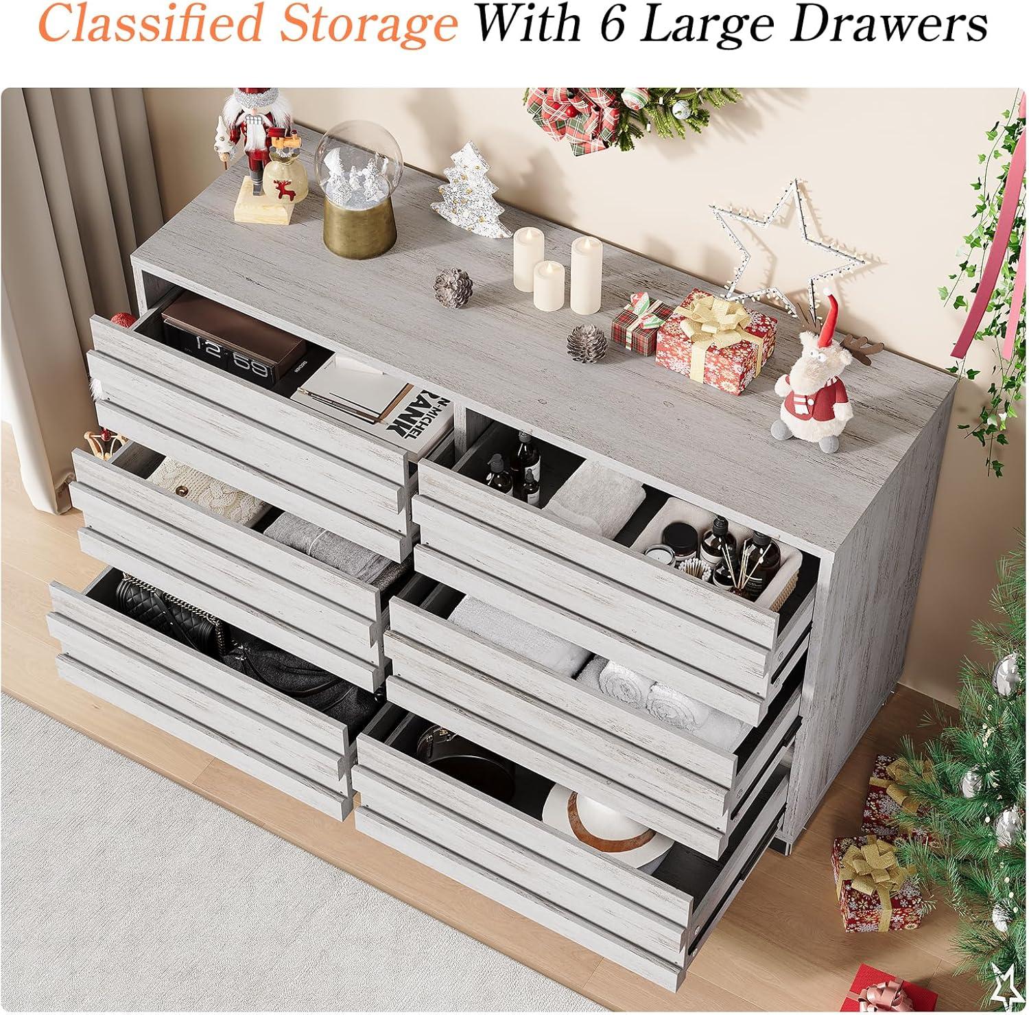 Farmhouse 6 Drawers Dresser For Bedroom, Chest Of Drawers With Slat Handles & Quick Install With Pre Installed Slide, Double Dresser Storage Cabinet For Living Room, Entryway