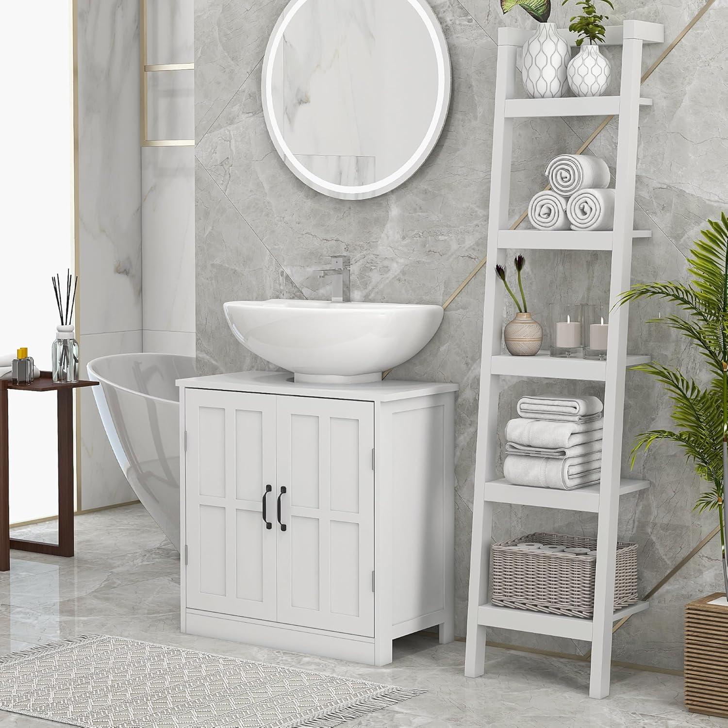 kleankin Pedestal Sink Storage Cabinet, Under Sink Cabinet, Bathroom Vanity Cabinet with Double Doors and Adjustable Shelf, White