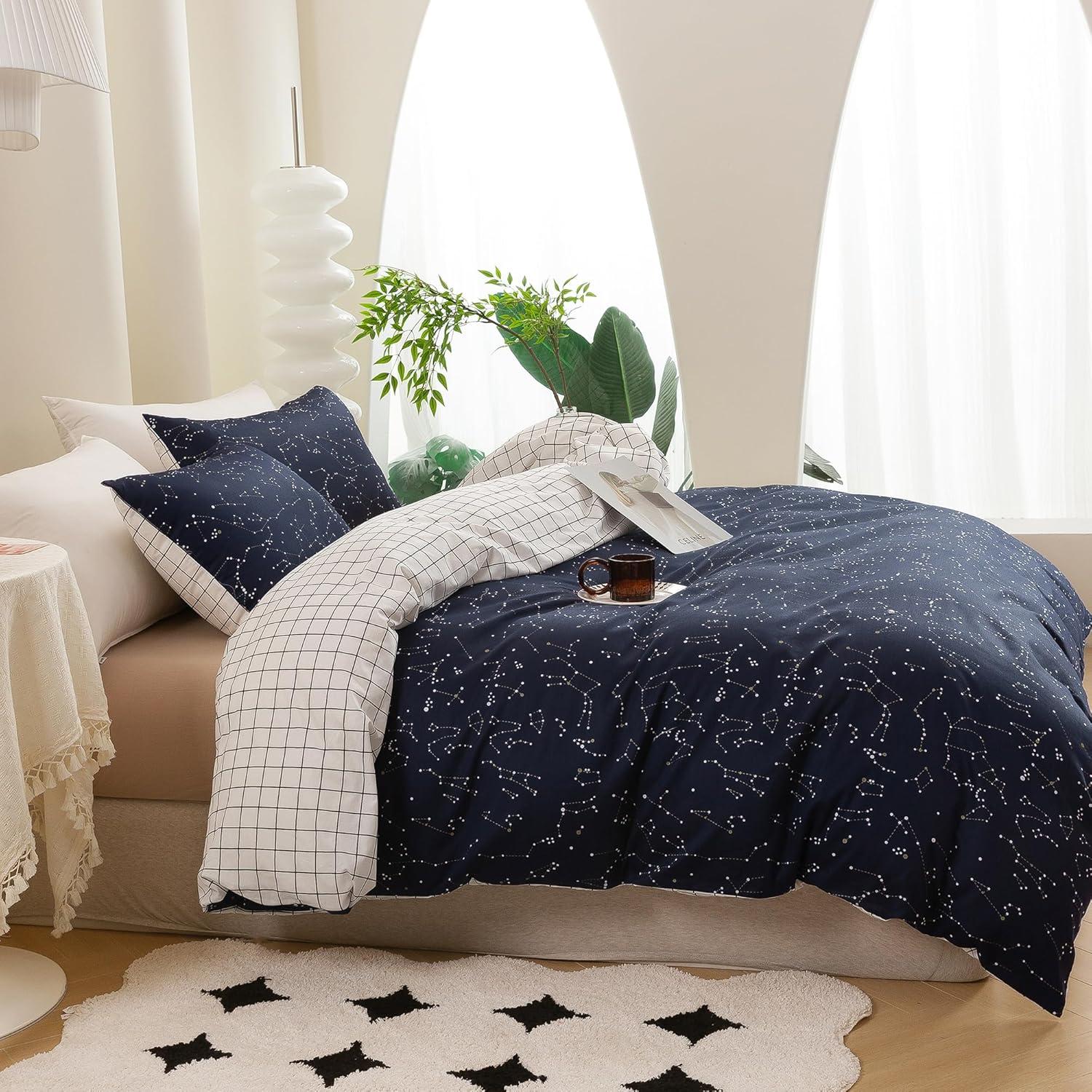 ECOCOTT Duvet Cover King, 3 Pieces 100% Natural Cotton 1 Duvet Cover +2 Pillowcases Bedding Set,Navy and Cosmic Constellation Reversible Printed Pattern Breathable and Durable Duvet Cover King Size