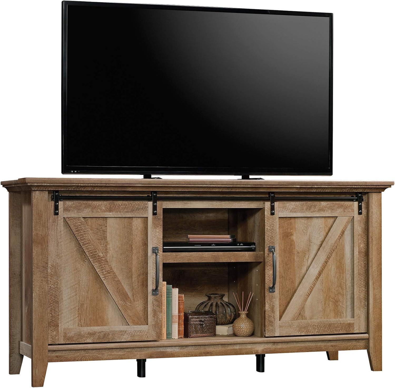 Dakota Pass TV Stand for TVs up to 70" Dark Brown - Sauder: Craftsman Oak Finish, Sliding Doors, Adjustable Storage