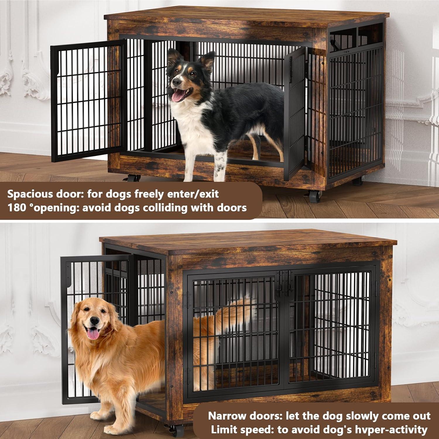 EasyCom Dog Crate Furniture, Extra Large Dog Kennel Indoor with Top-Access Teasing/Feeding Door, Spacious Dog House Moveable Furniture-Style Dog Cage with Wheels Double Doors