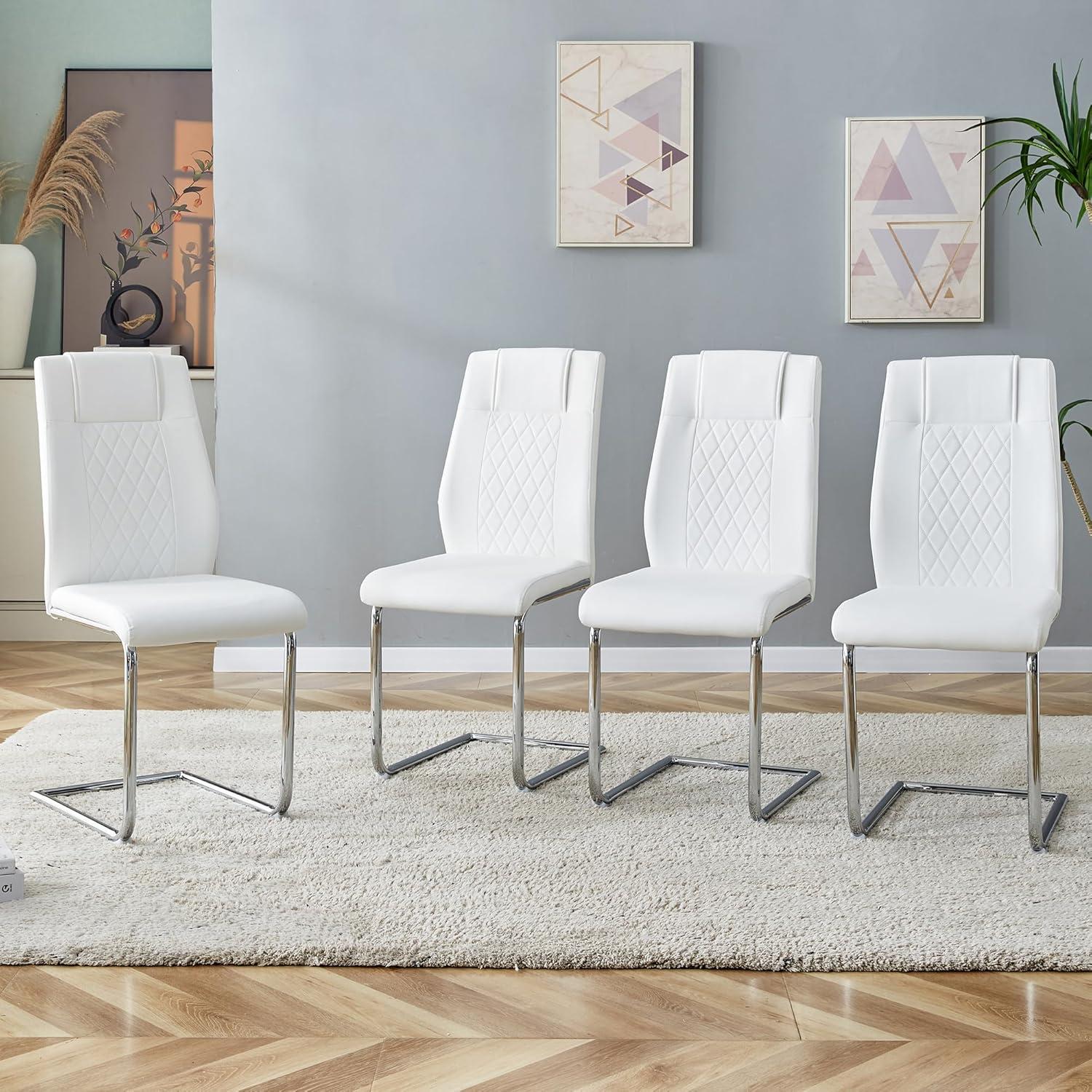 Faux Leather Dining Chairs Set of 4, PU Leather Accent Chairs with Backrest, Metal Legs, 4pcs Armless Parsons Chair for Bed Room,Kitchen, Living Room, White+Silver