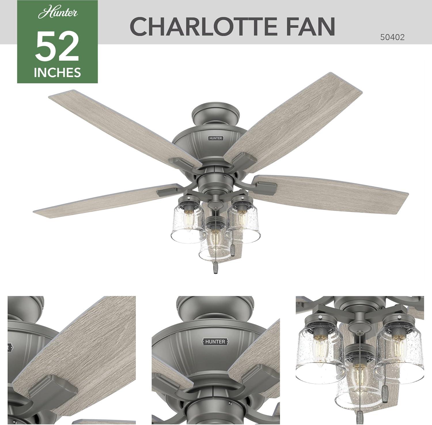 52" Charlotte 5 - Blade Traditional Indoor Ceiling Fan with Light and Handheld Remote Control