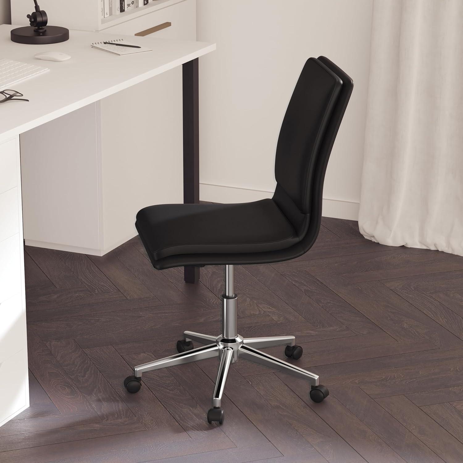 Merrick Lane Mid-Back Armless Home Office Chair with Height Adjustable Swivel Seat and Five Star Chrome Base, Black Faux Leather