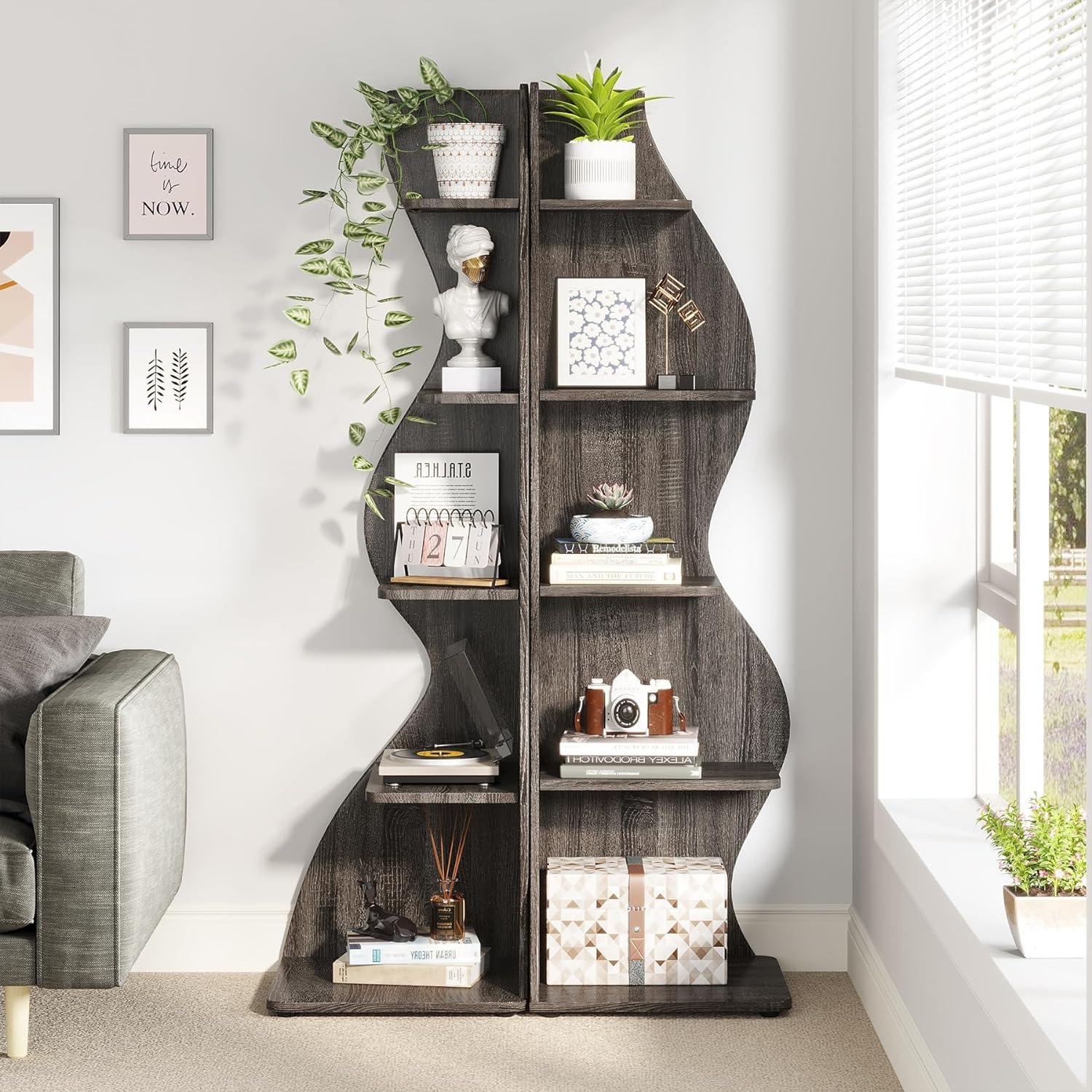 Gray 5-Tier Modern Corner Bookcase with Adjustable Shelves