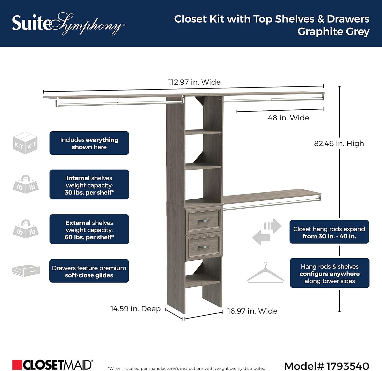 Graphite Grey 16-Inch Tower Closet Organizer with Drawers