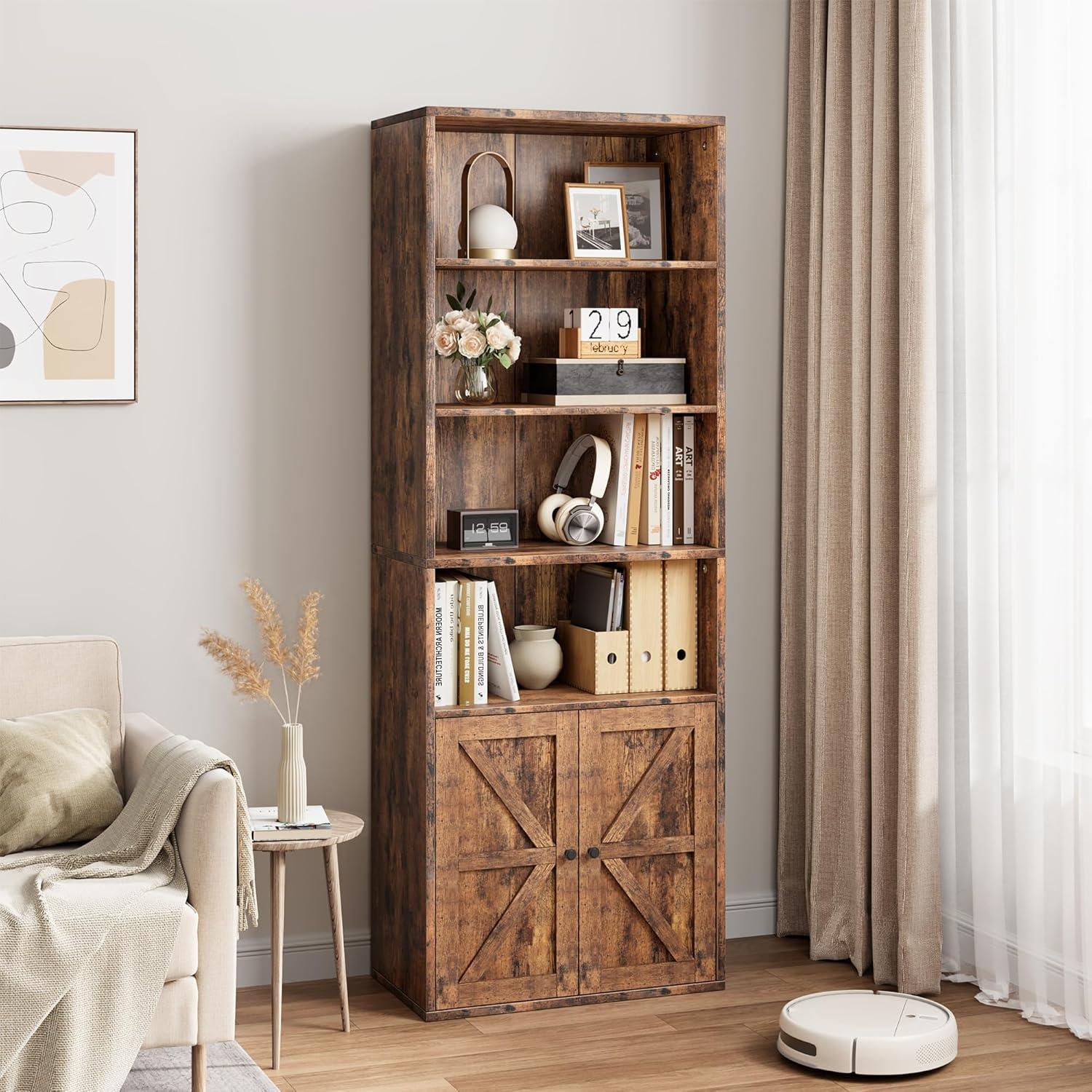 Rustic Brown Wood Farmhouse Bookcase with Doors