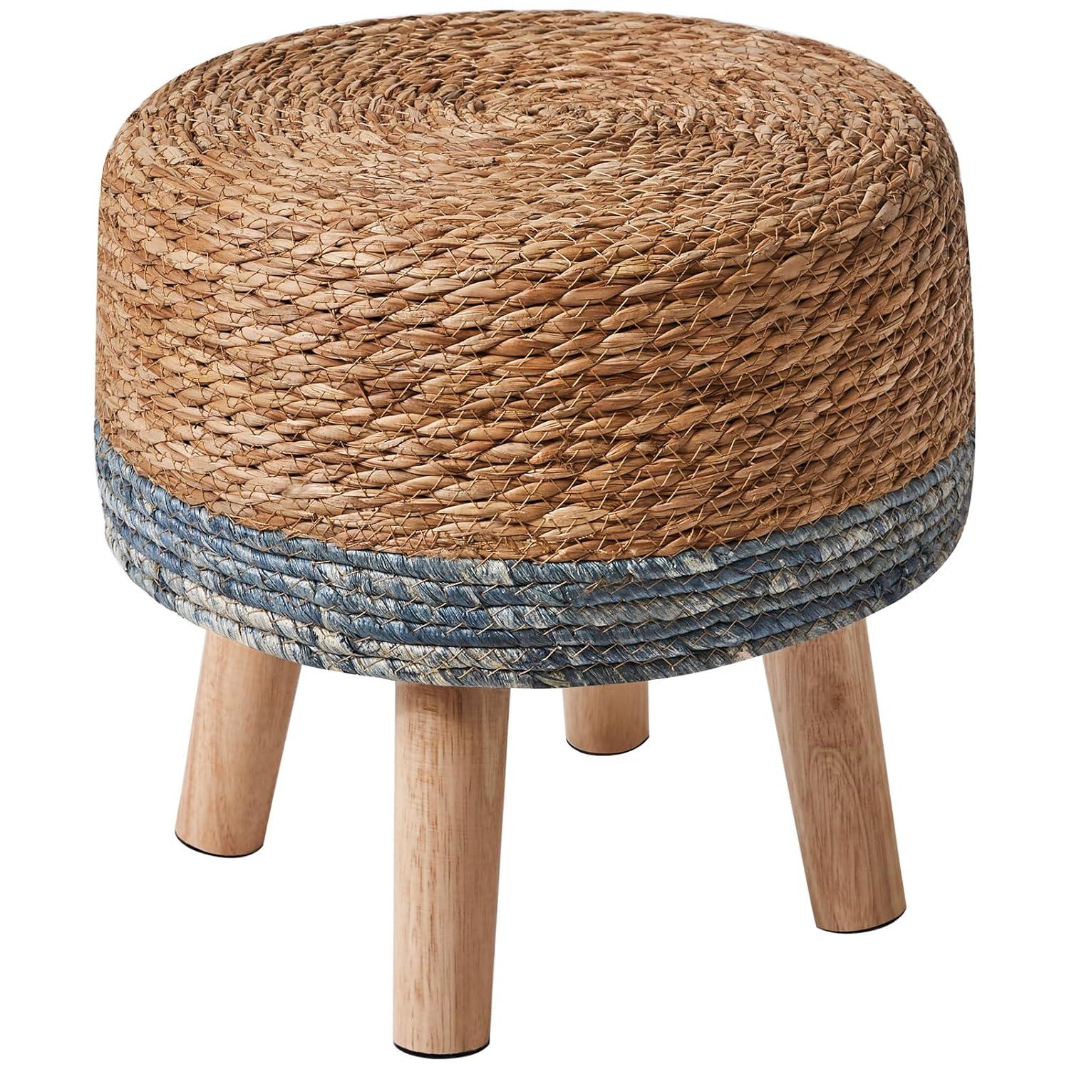 YMYNY Foot Stool Natural Seagrass Hand Weave, 12.6" Small Ottoman, Round Footrest for Living Room, Bedroom, Entryway, Change Shoes Stool, Non-Skid Wood Legs, Boho, Blue+White UHBD027QW