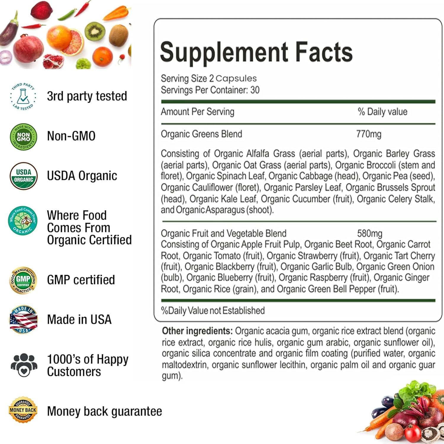 Organic Superfood Greens Fruits and Veggies Complex - Dietary Supplement with 14 Greens and 14 Fruits & Vegetables with Alfalfa Rich in Antioxidant Organic Ingredients Non-GMO 60 Capsules