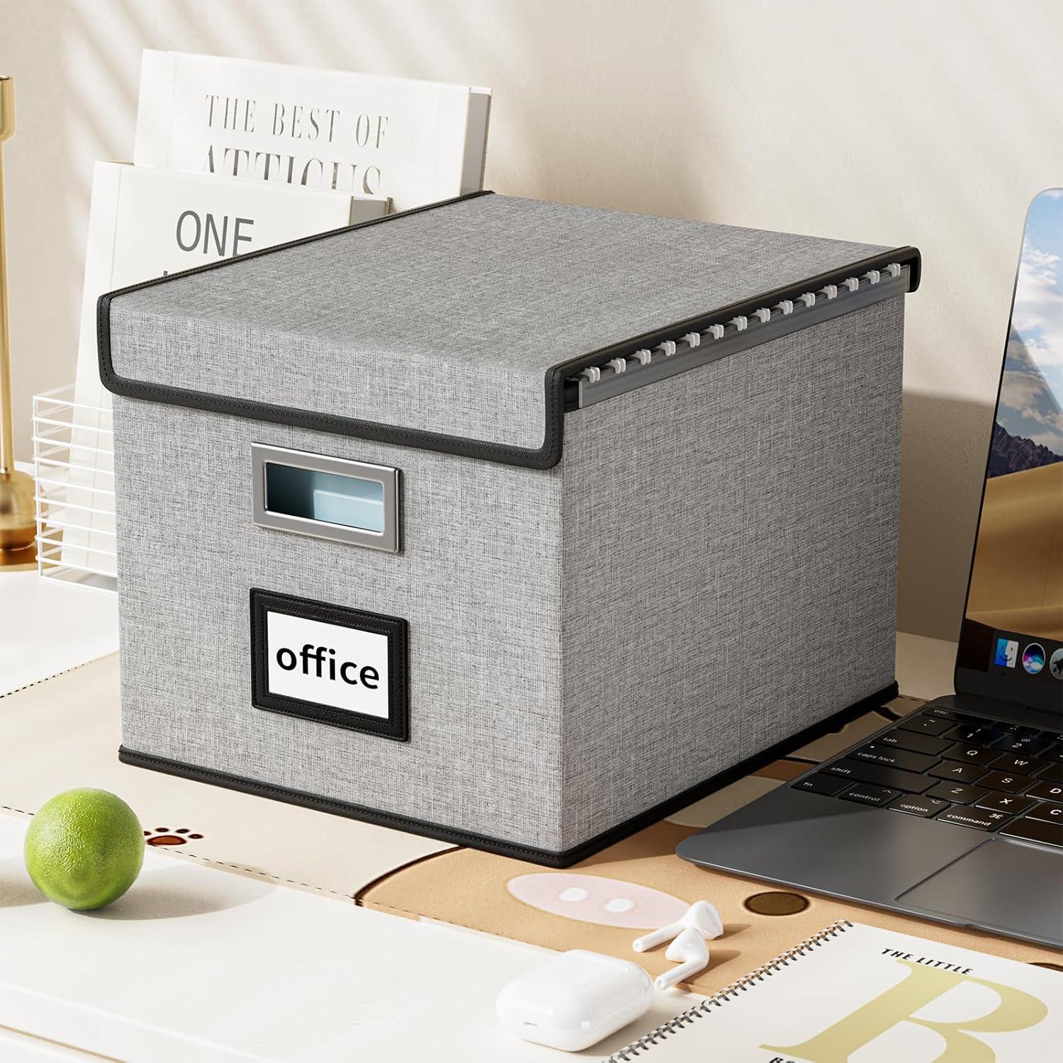 Huolewa Portable File Organizer Box, Office Document Storage Organizer Box with Lid, Linen Hanging Filing Storage Box, Decorative Home/Office Filing System for File and Folders Storage (Light Grey)